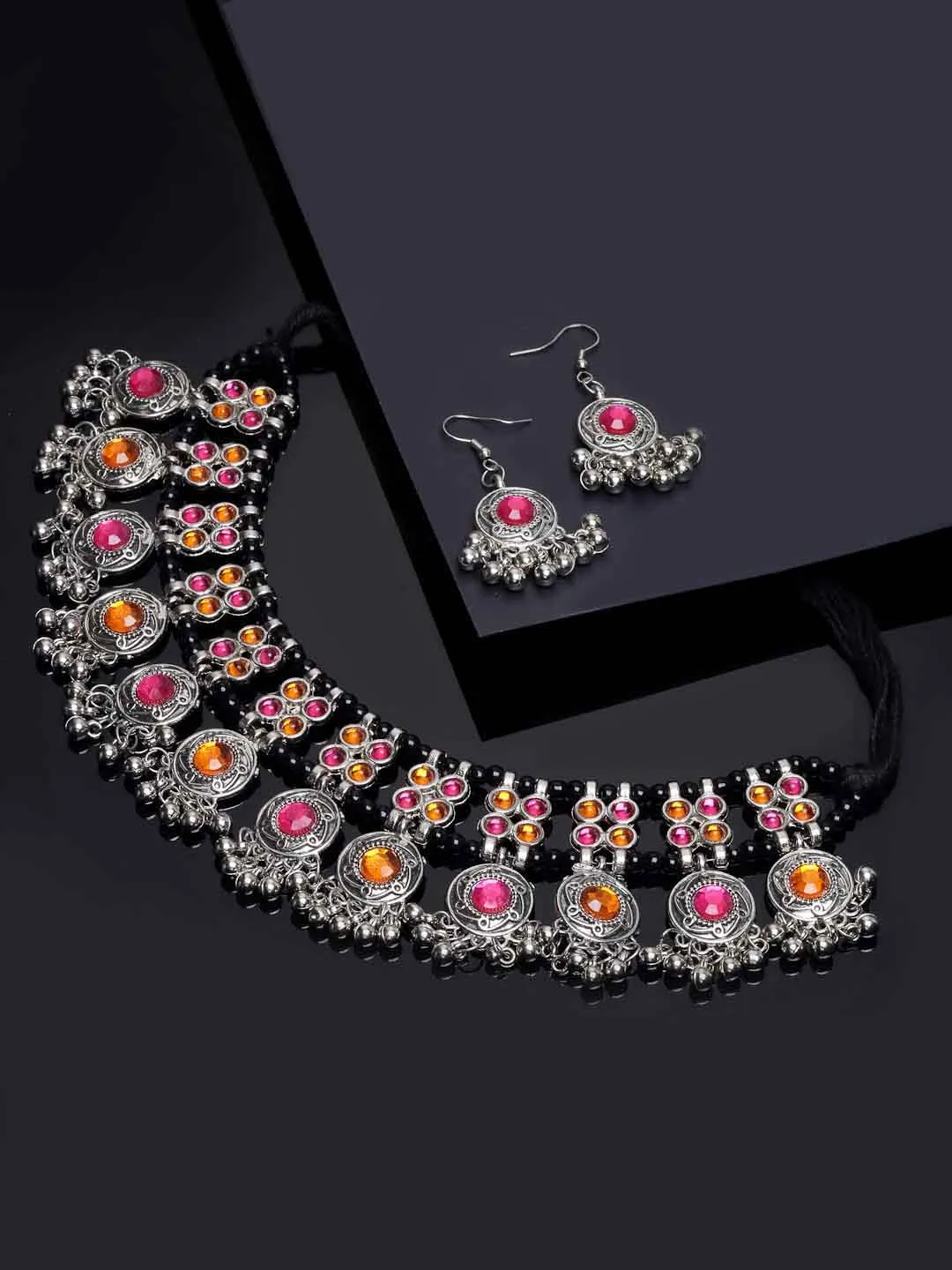 Oxidized Silver-Toned Yellow & Pink Stone Studded Handcrafted Choker Jewellery Set