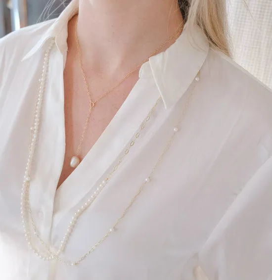 Paperclip Lariat Necklace | Gold-Filled with Freshwater Pearl | By Pearly Girls