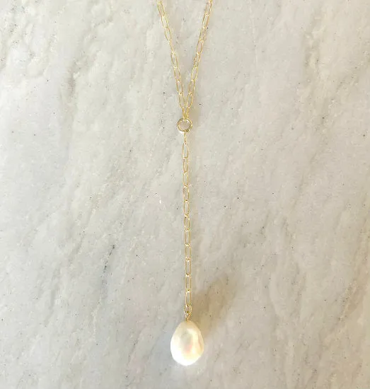 Paperclip Lariat Necklace | Gold-Filled with Freshwater Pearl | By Pearly Girls