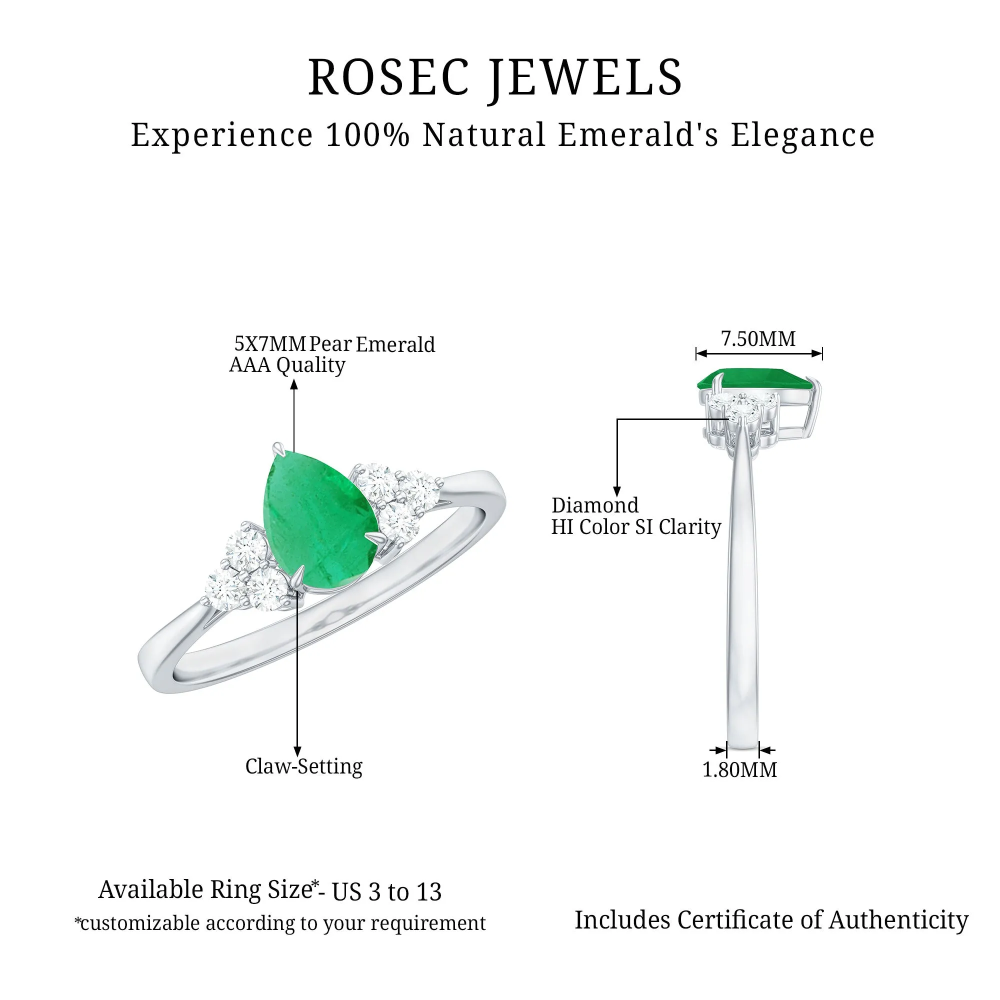 Pear Shaped Emerald Solitaire Ring with Diamond Trio