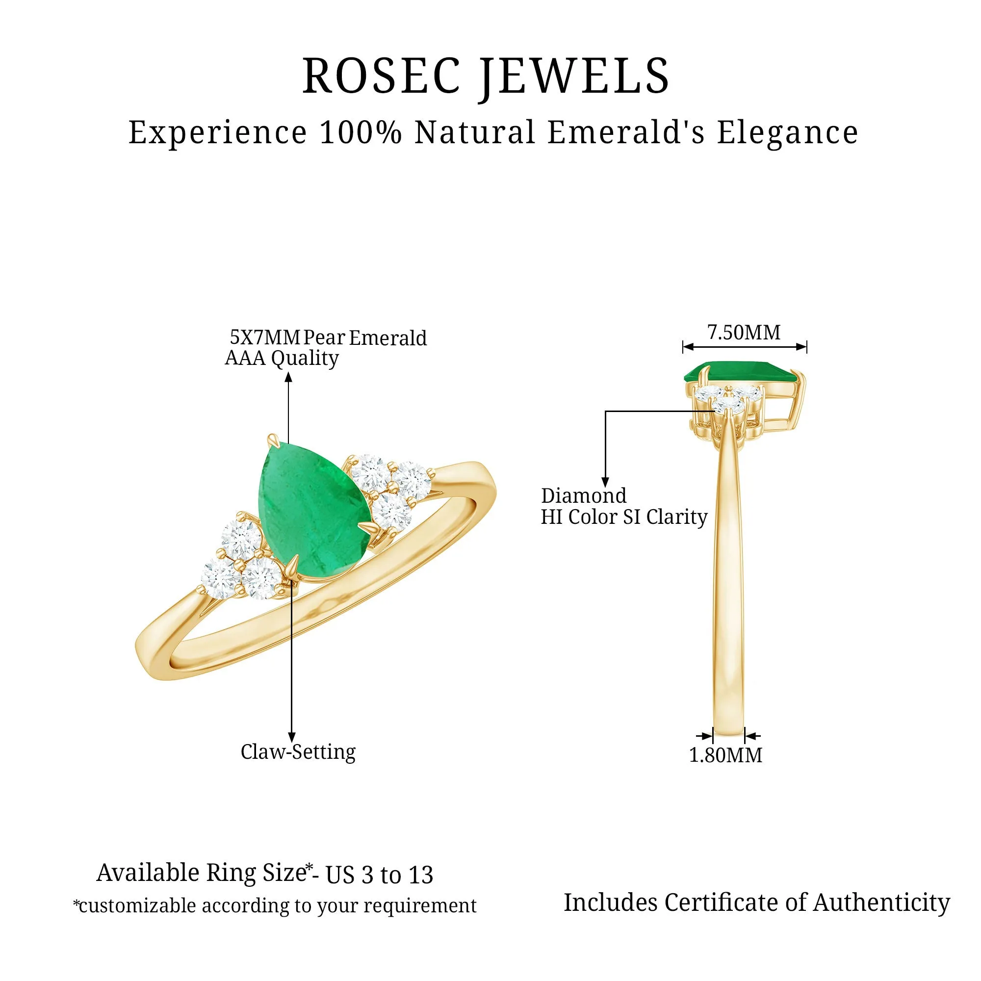 Pear Shaped Emerald Solitaire Ring with Diamond Trio