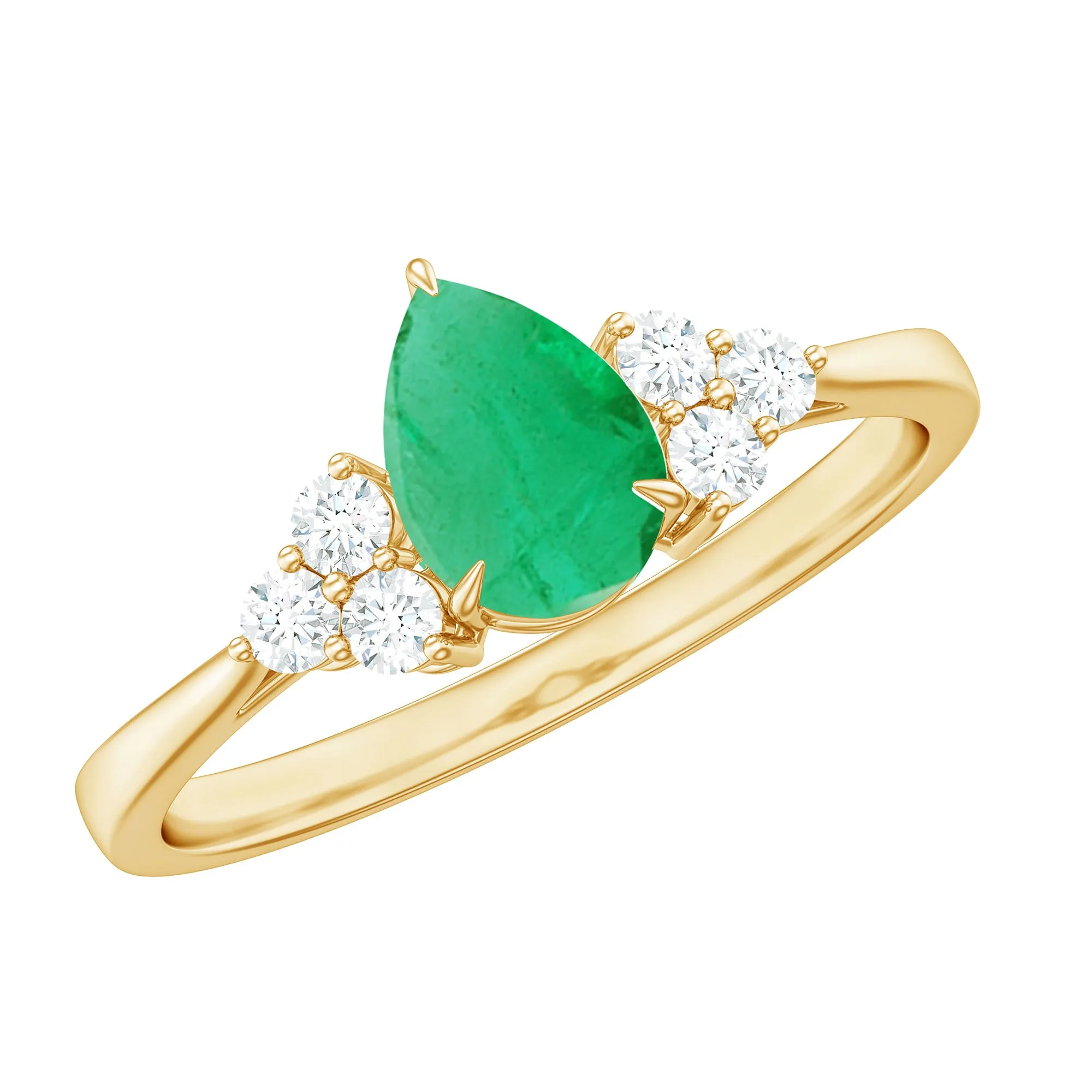 Pear Shaped Emerald Solitaire Ring with Diamond Trio