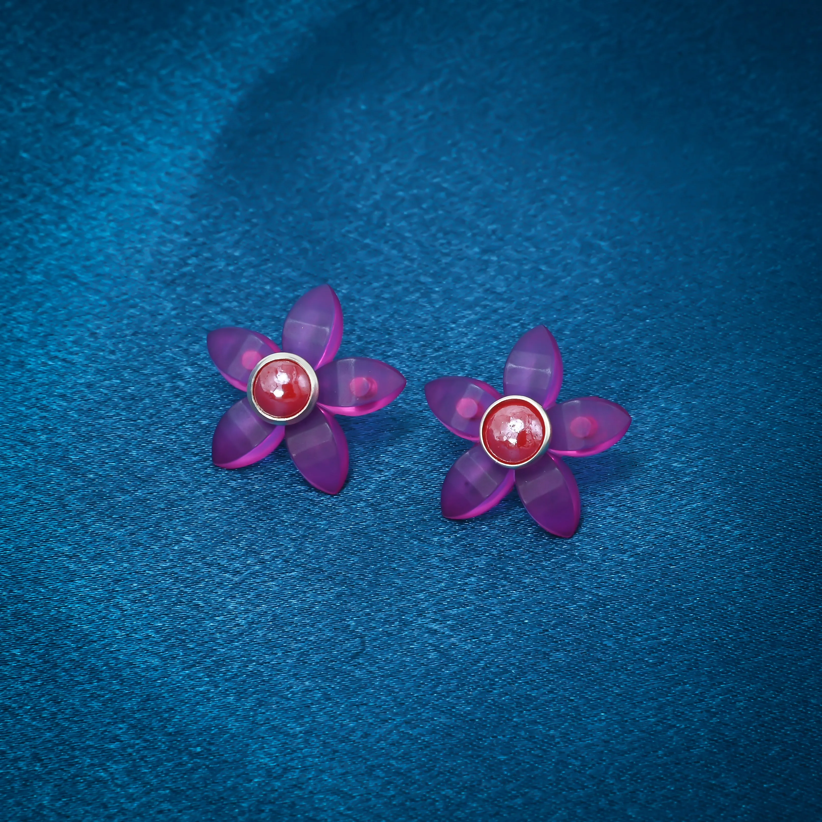 Pink Flower Stud Silver Earrings with Pearl Center