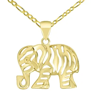 Polished 14K Gold Elegant Elephant Charm Animal Pendant with Figaro Chain Necklace - Yellow Gold