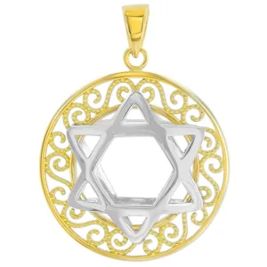 Polished 14K Two Tone Gold Round Filigree Star of David 3D Charm Pendant