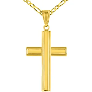 Polished 14K Yellow Gold Plain Religious Cross Pendant with Figaro Necklace