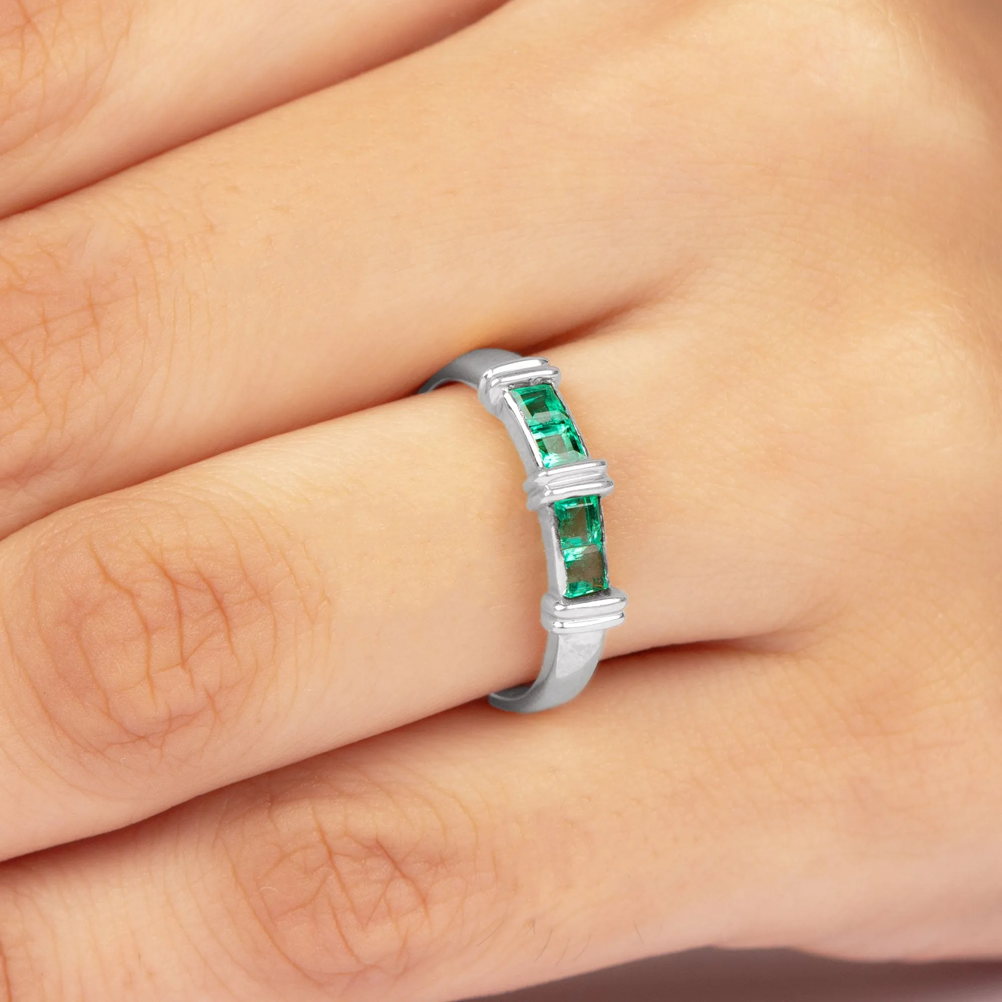 Princess Cut Emerald Band Ring in Channel Setting