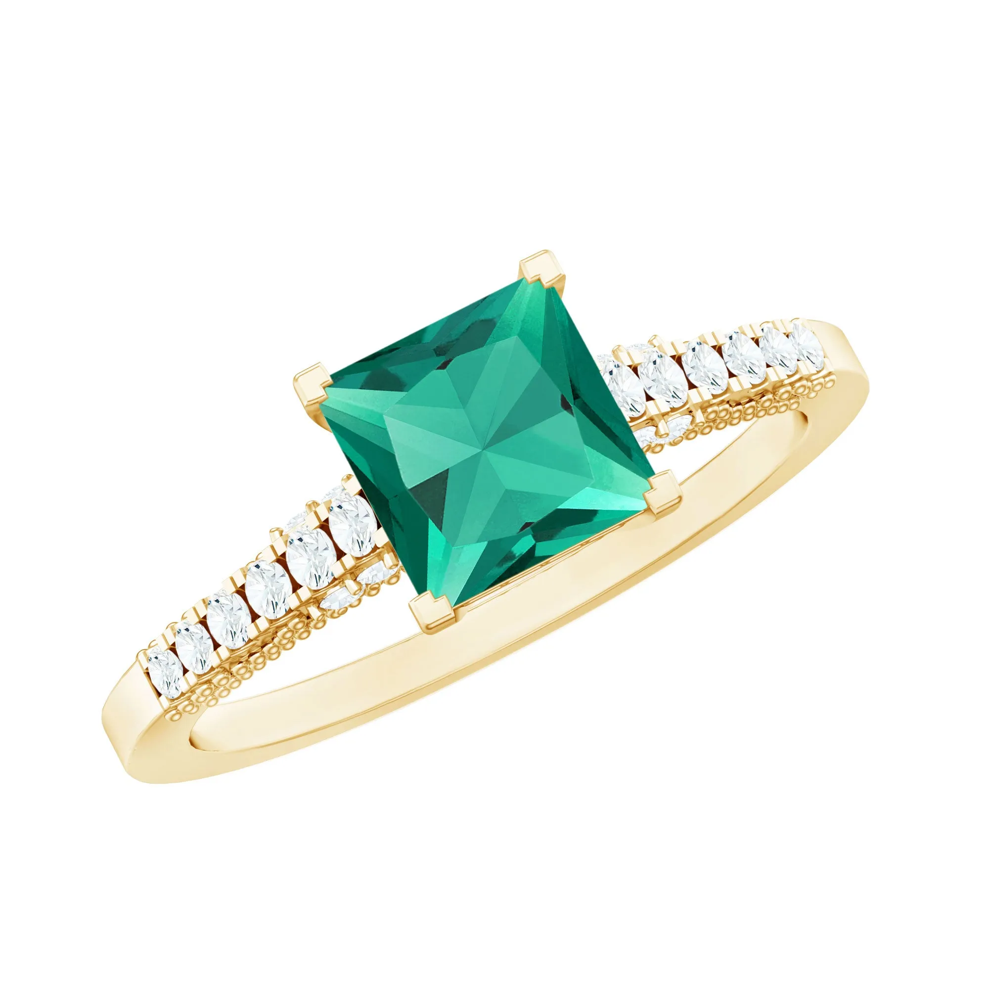 Princess Cut Emerald Milgrain Band Ring with Diamond Side Stones