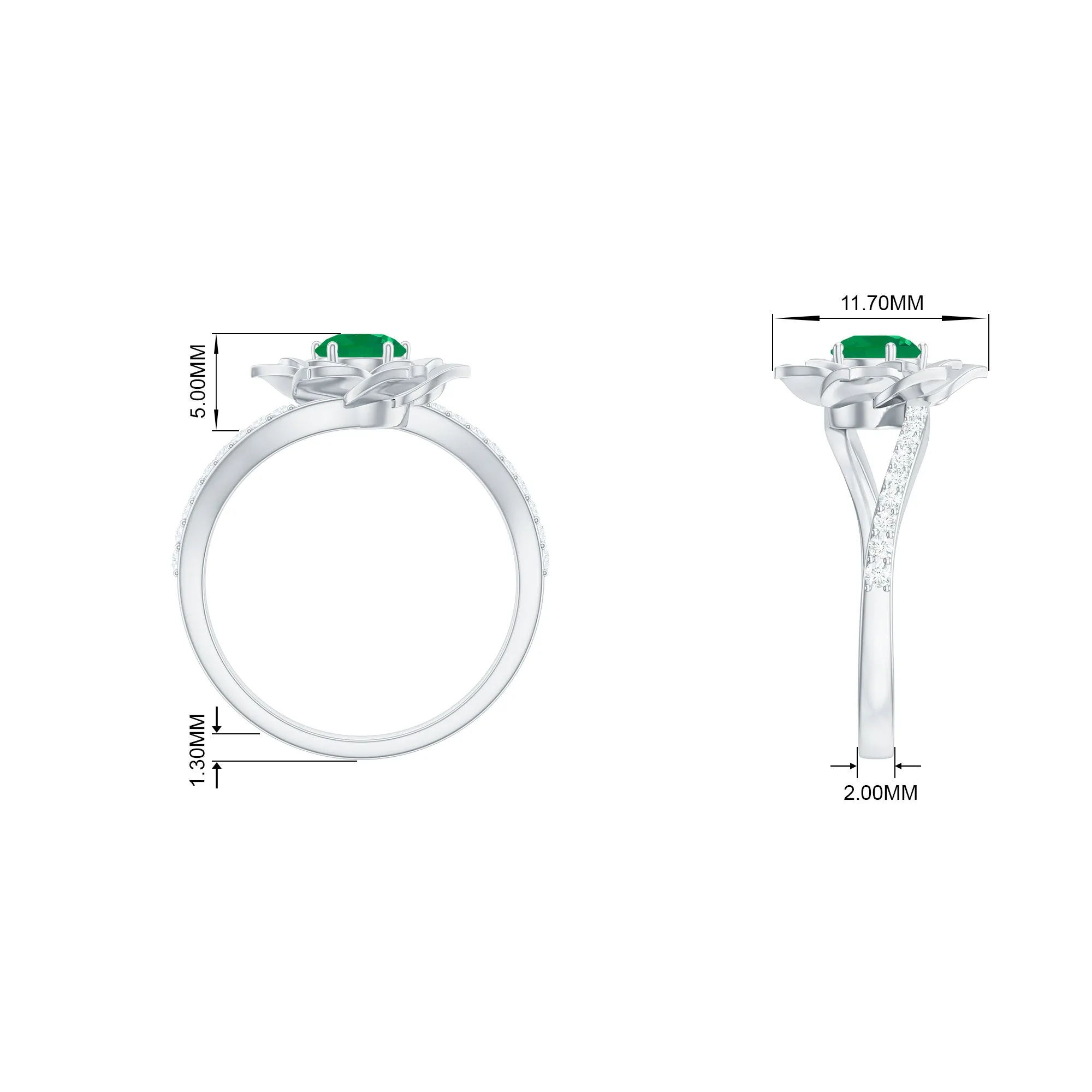 Real Emerald and Diamond Flower Ring with Bypass Shank