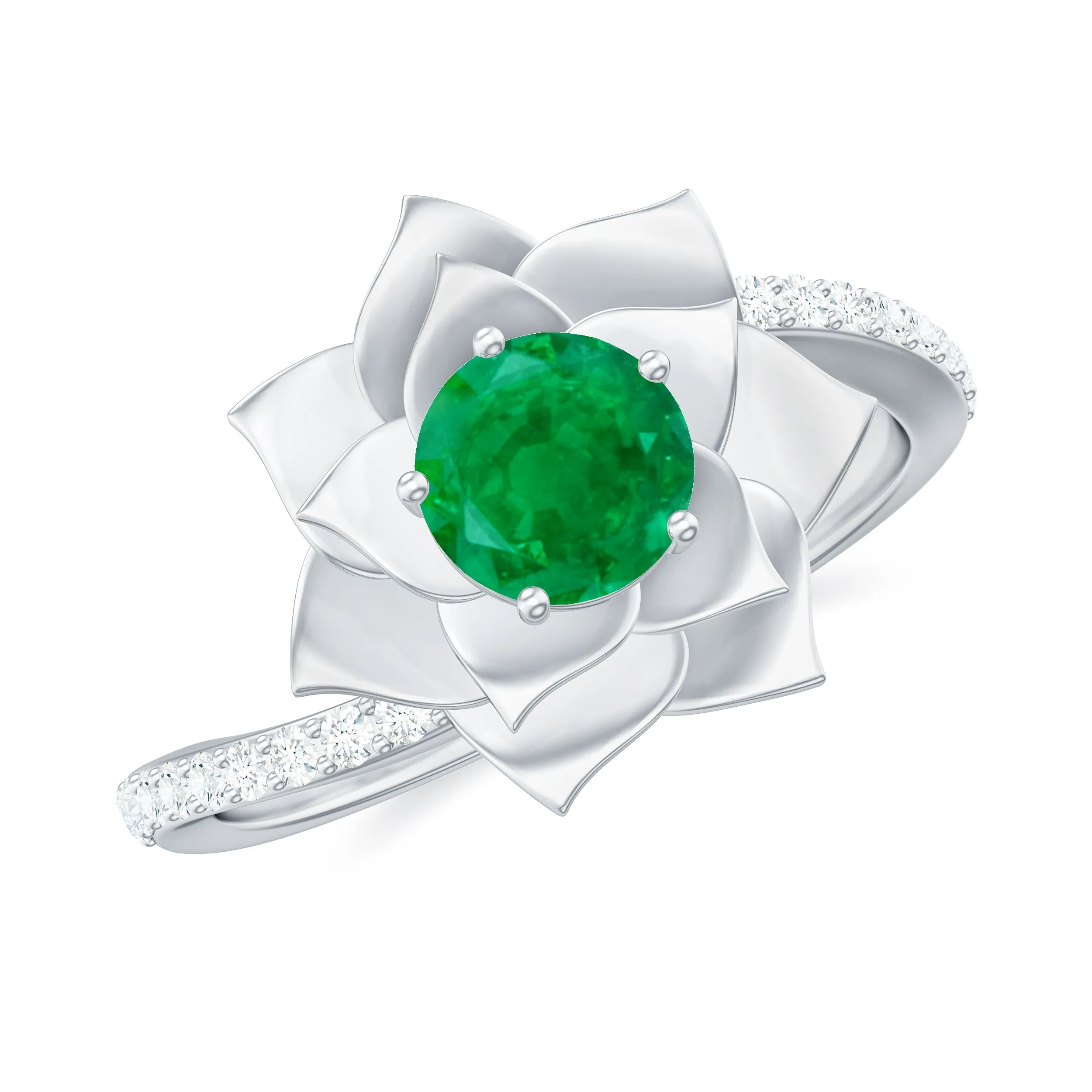 Real Emerald and Diamond Flower Ring with Bypass Shank