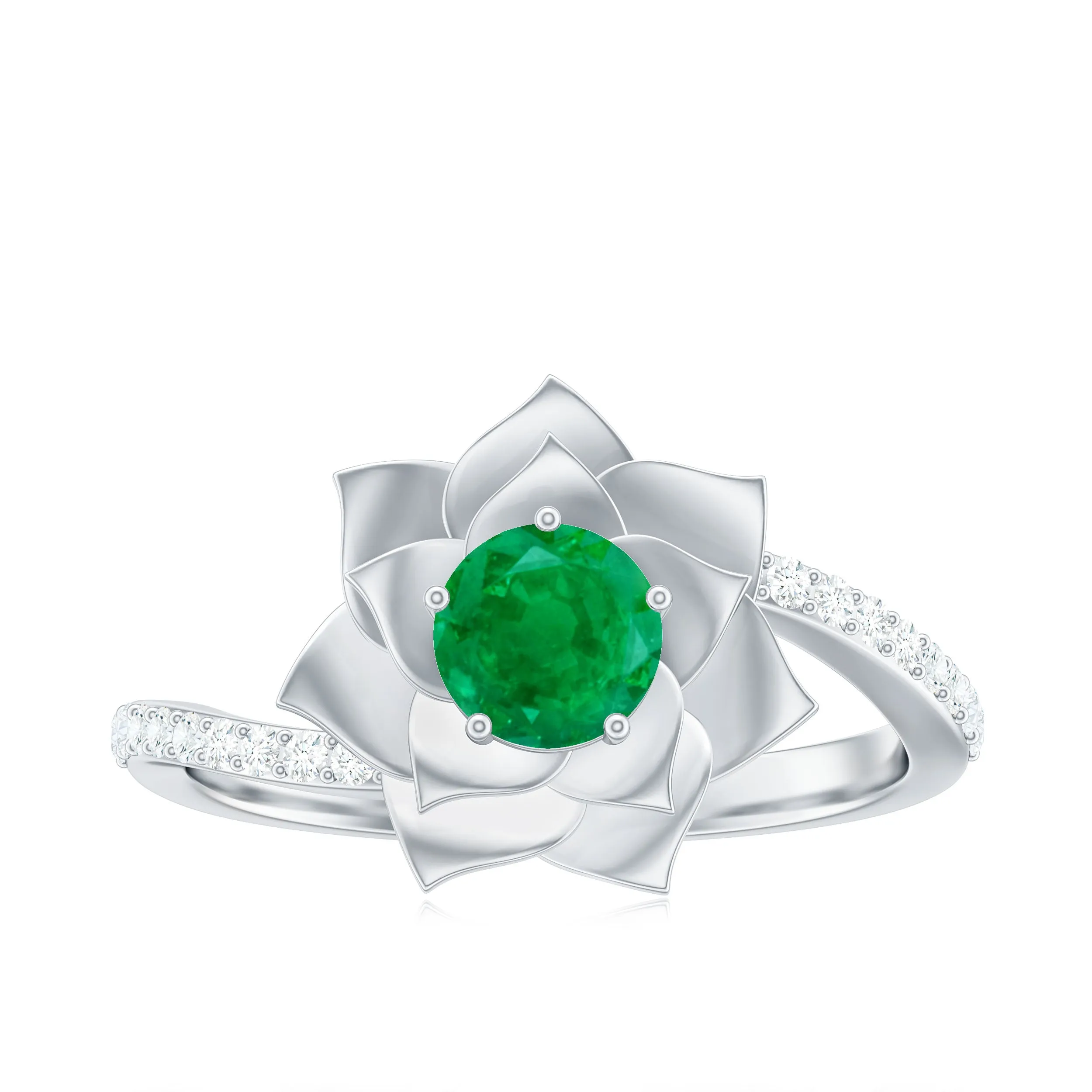 Real Emerald and Diamond Flower Ring with Bypass Shank