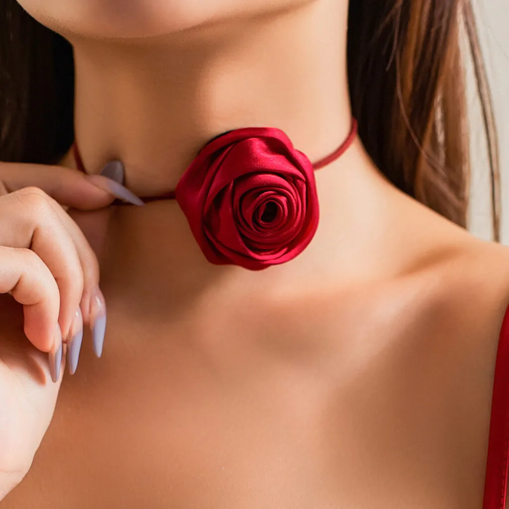 Retro Blossoming Satin Rosette Suede Cord Tie Wrap Choker Necklace