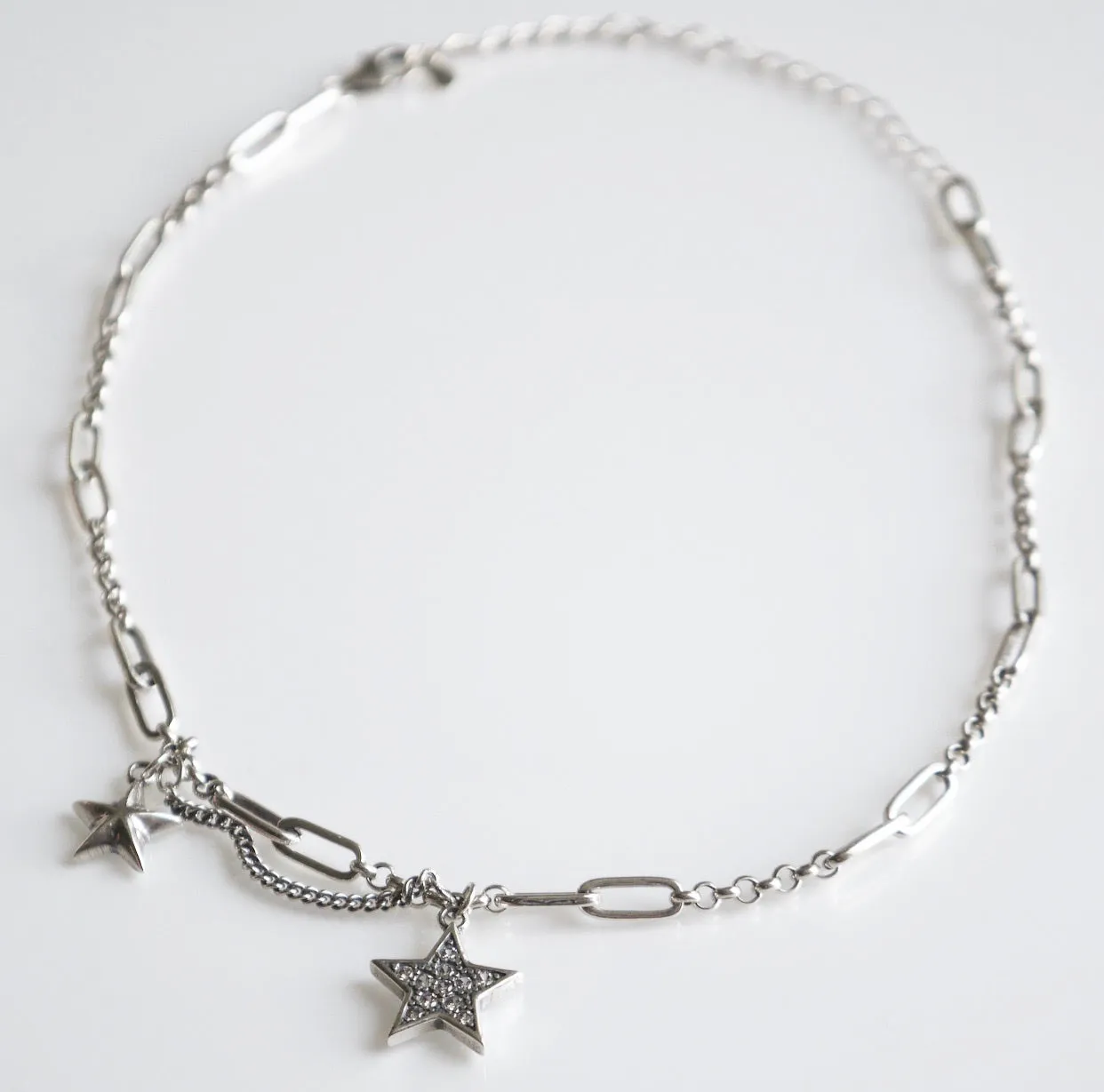 Rockstar Chain Necklace,  Diamond CZ .925 Sterling Silver Paperclip Link Choker,  Short  Necklace