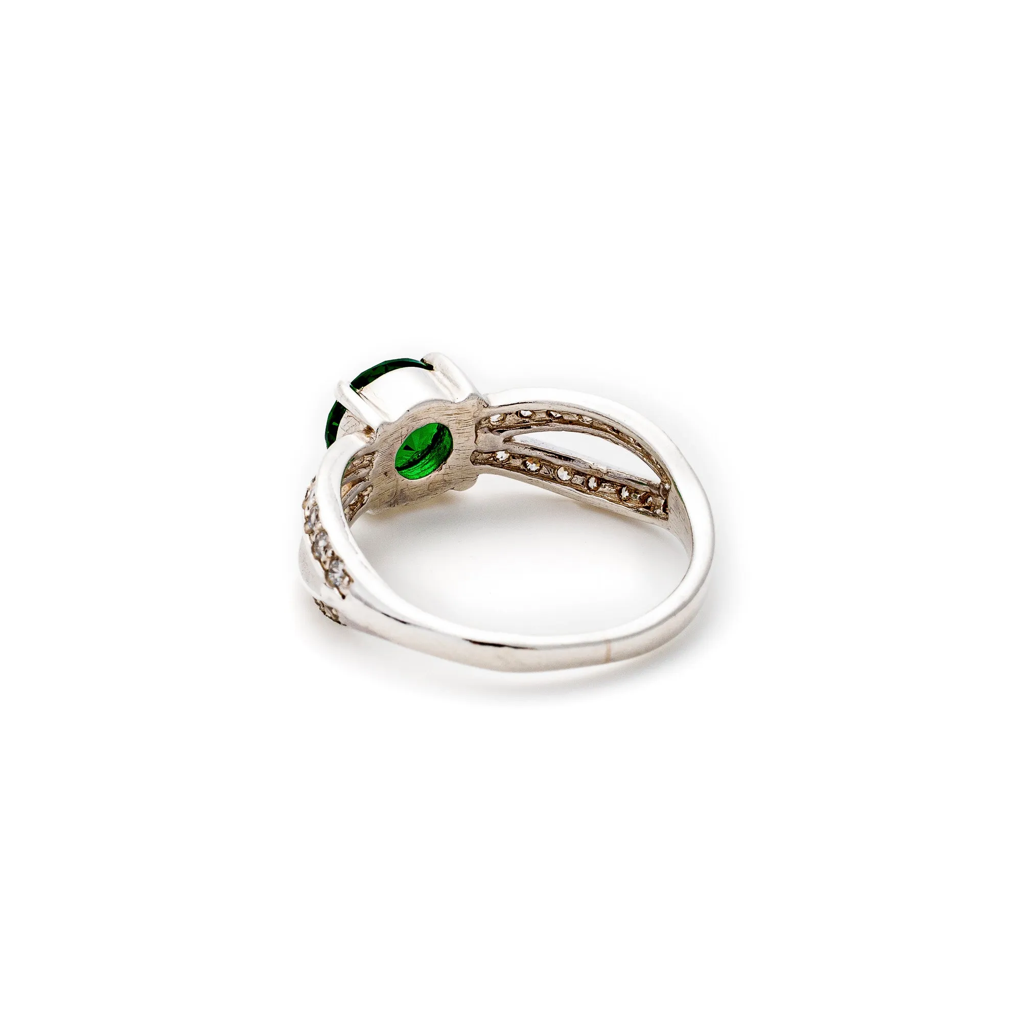 Round Emerald Ring - Green Vintage Ring - Split Pave Band