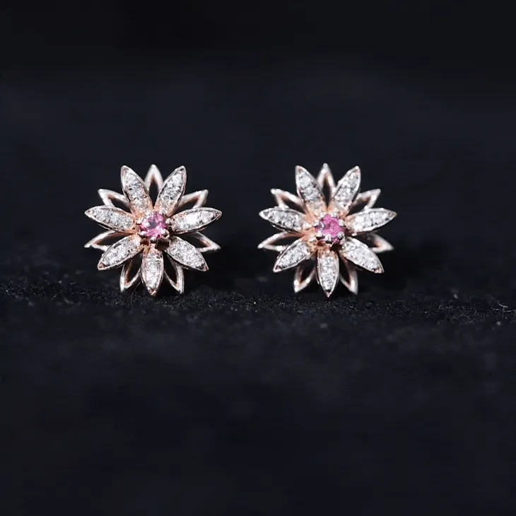 Round Pink Tourmaline Classic Flower Stud Earring with Diamond