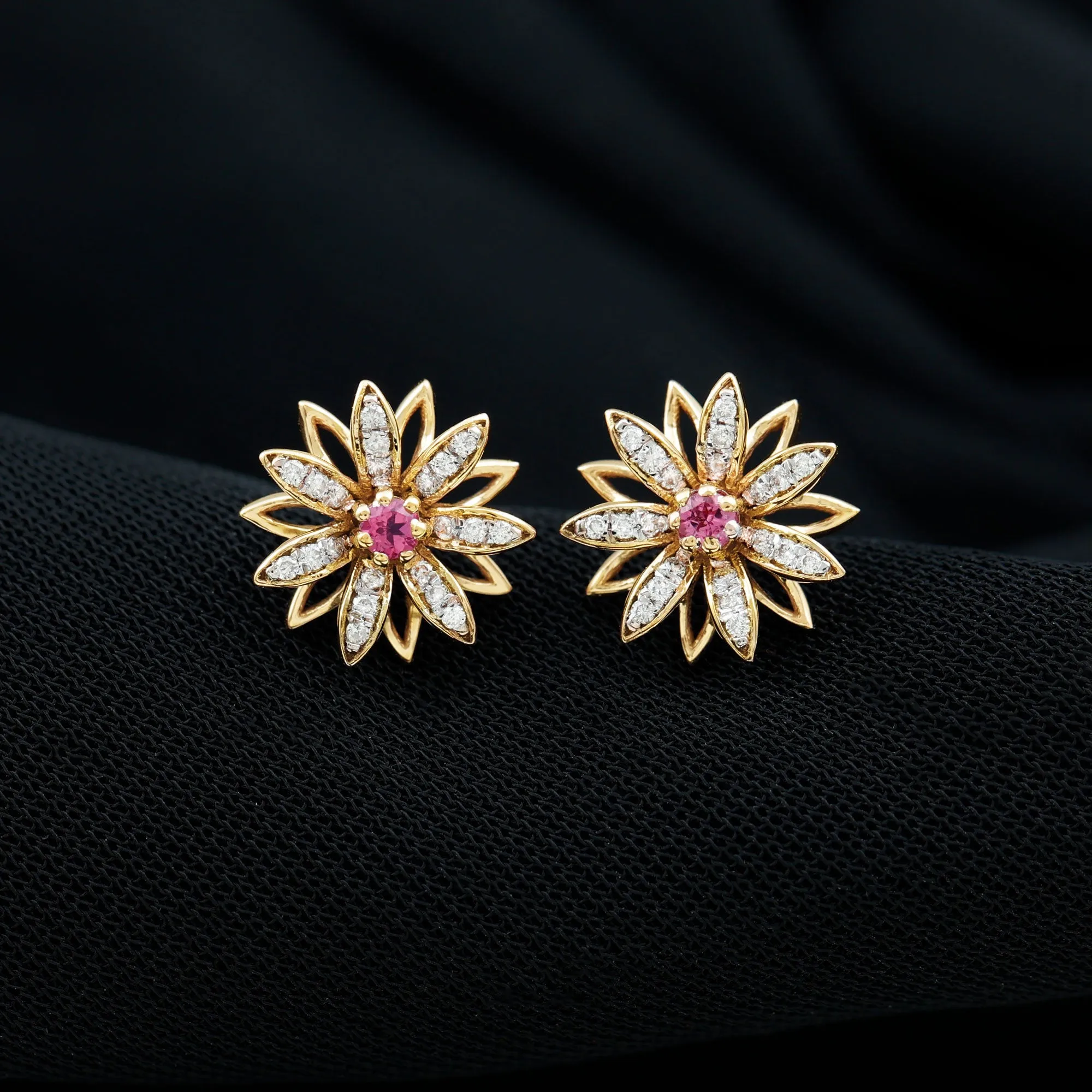 Round Pink Tourmaline Classic Flower Stud Earring with Diamond