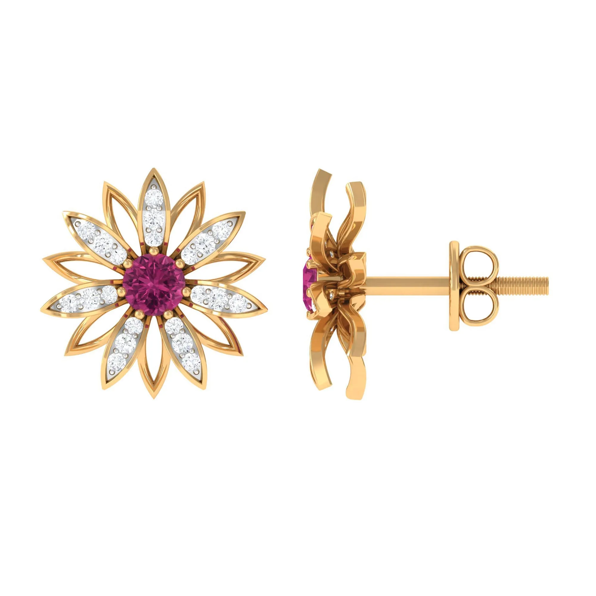 Round Pink Tourmaline Classic Flower Stud Earring with Diamond