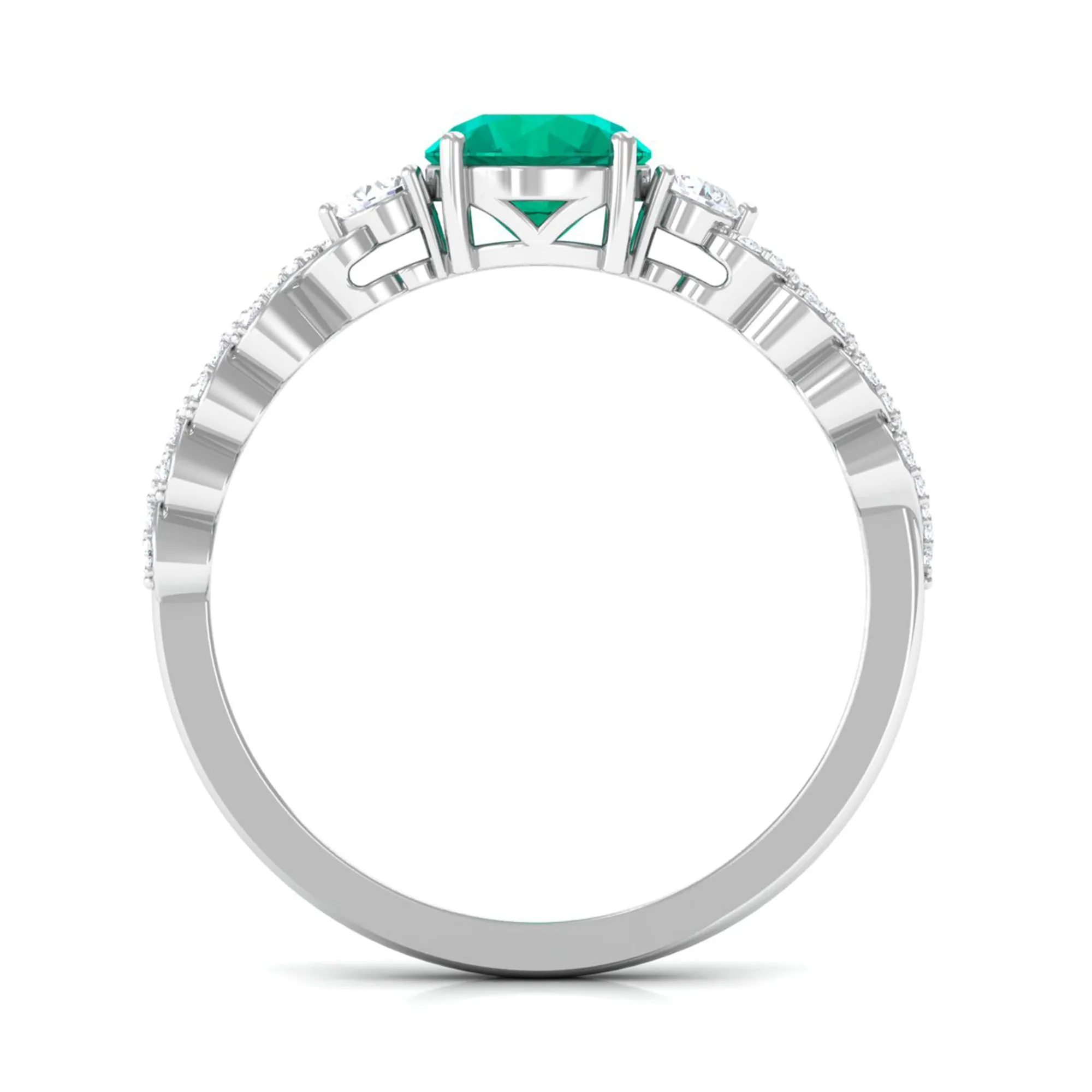 Round shape Solitaire Emerald Designer Engagement Ring with Diamond Side Stones