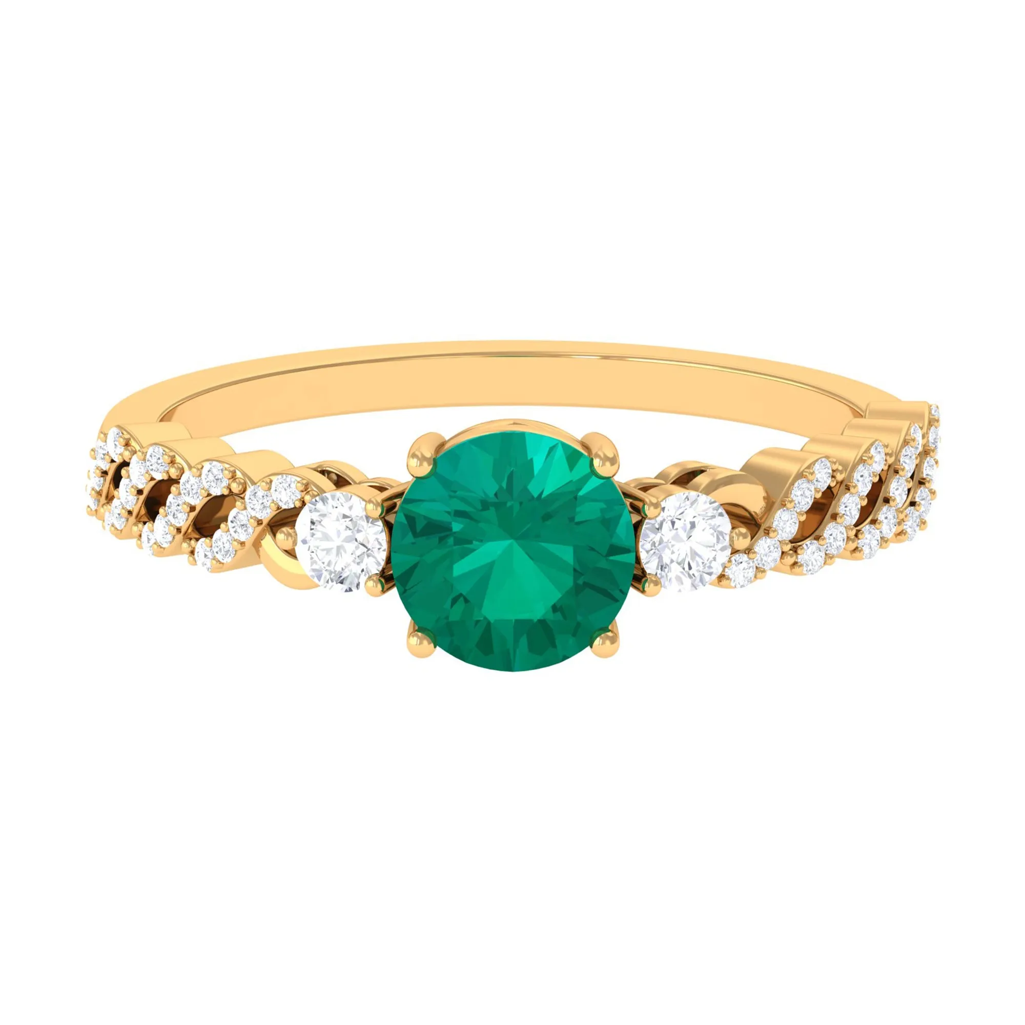 Round shape Solitaire Emerald Designer Engagement Ring with Diamond Side Stones