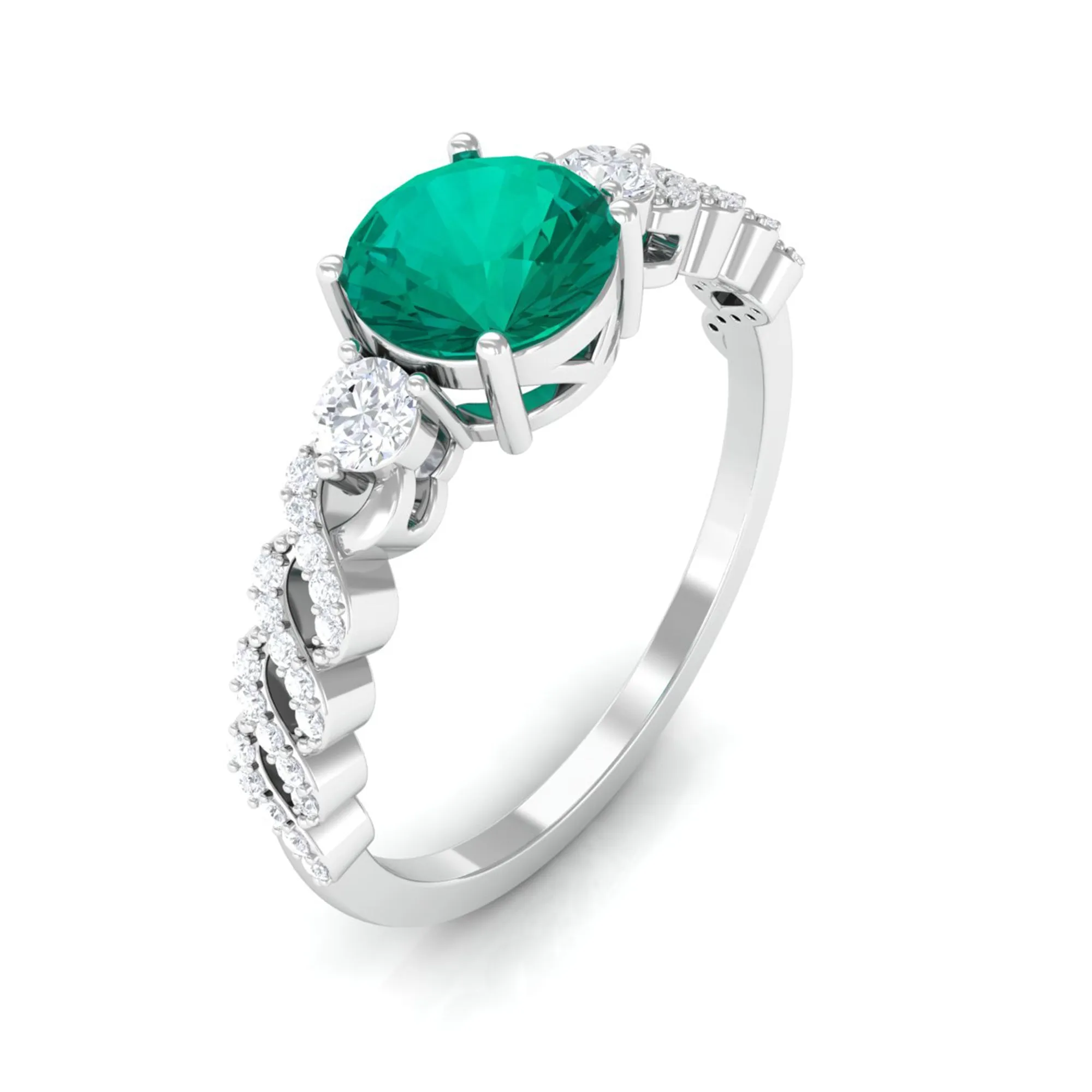 Round shape Solitaire Emerald Designer Engagement Ring with Diamond Side Stones