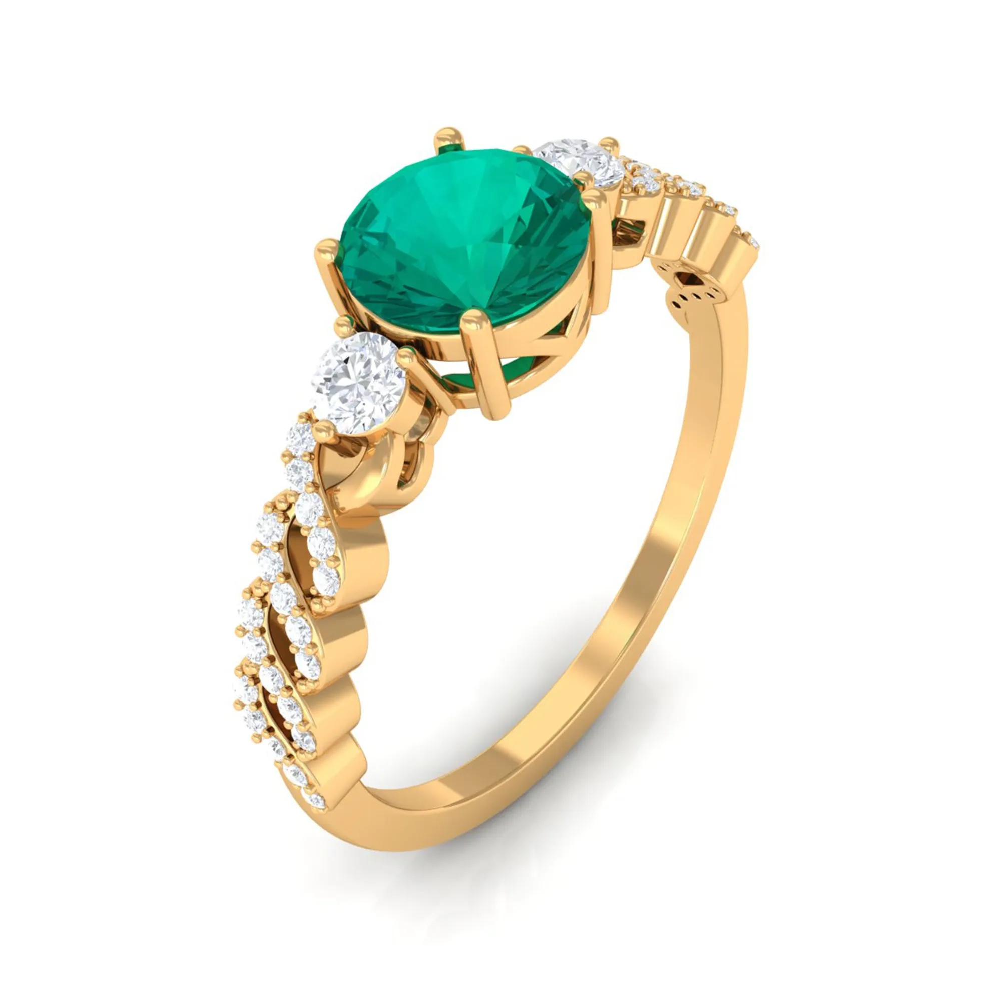 Round shape Solitaire Emerald Designer Engagement Ring with Diamond Side Stones