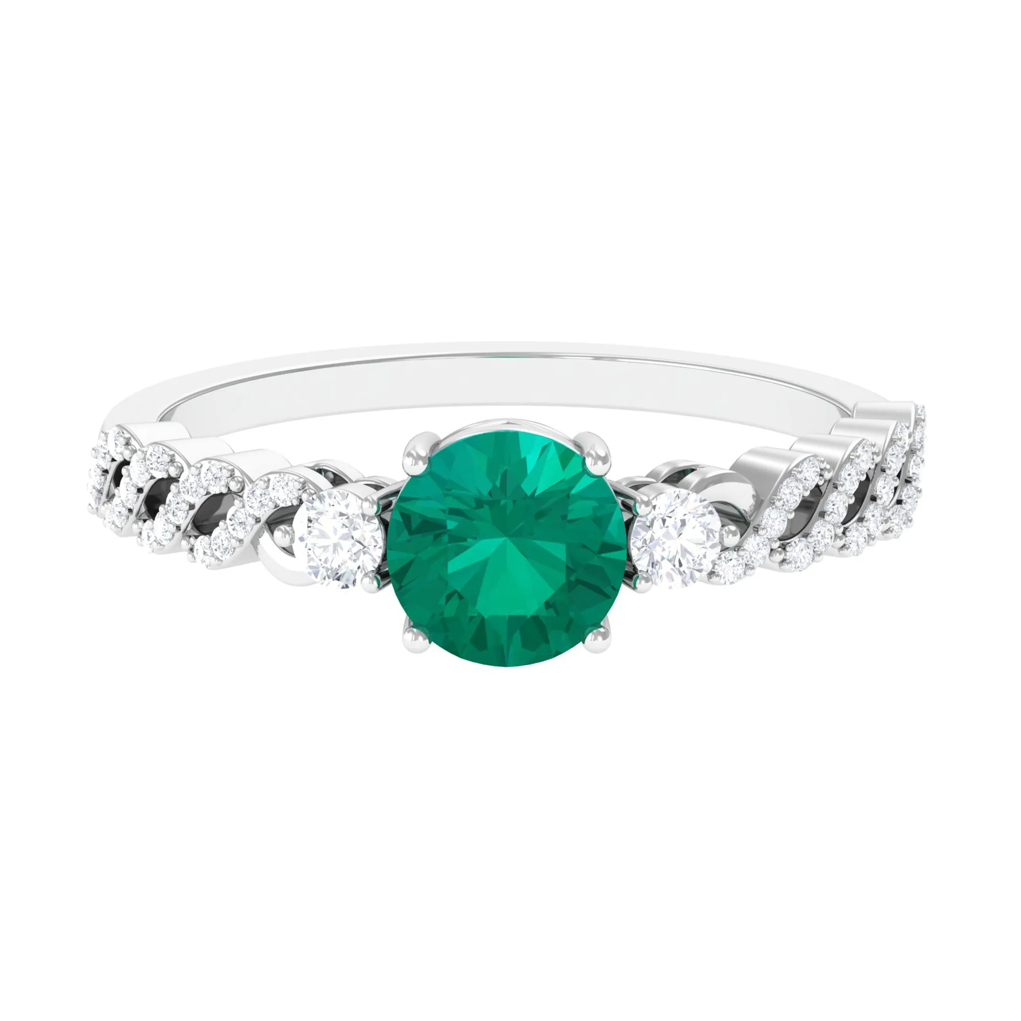 Round shape Solitaire Emerald Designer Engagement Ring with Diamond Side Stones