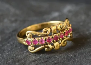 Ruby Vintage Ring - Gold Tiara Band, Natural Ruby Ring, July Birthstone Ring