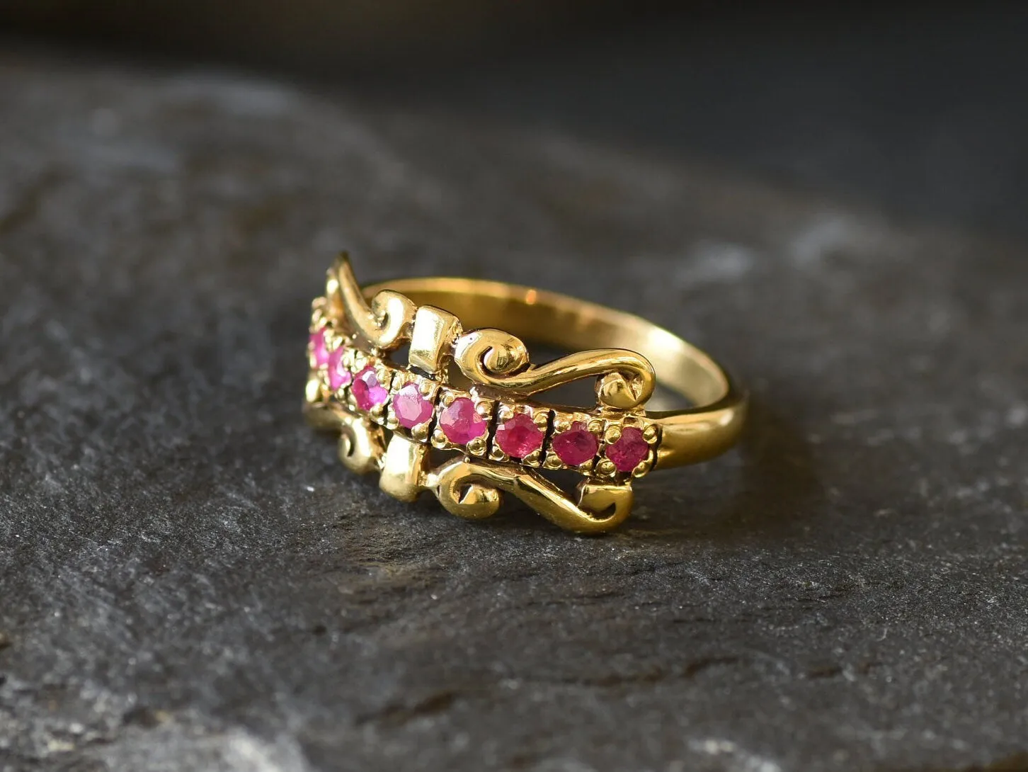 Ruby Vintage Ring - Gold Tiara Band, Natural Ruby Ring, July Birthstone Ring