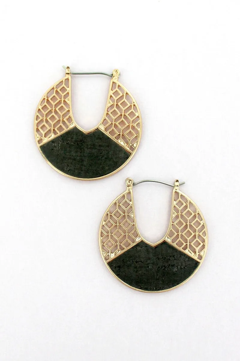 SALE! Goldtone Filigree and Black Cork Cut-Out Disk Hoop Earrings