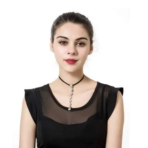 Shiny Eight Rhinestones Long Pendant Punk Black Choker Leather Clavicle Elegant Necklace for Women