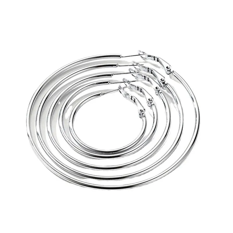 Silver Minimalist Round Tube Large Hoop Earrings Stainless Steel