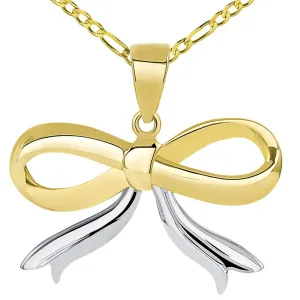 Solid 14k Gold Fancy Two Tone Ribbon Knot Tied Pendant Figaro Necklace - Yellow Gold