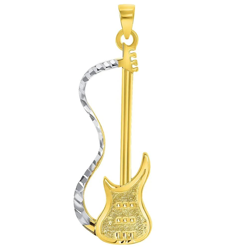 Solid 14k Yellow Gold Electric Guitar Two-Tone Musical Instrument Pendant with Figaro Chain Necklace