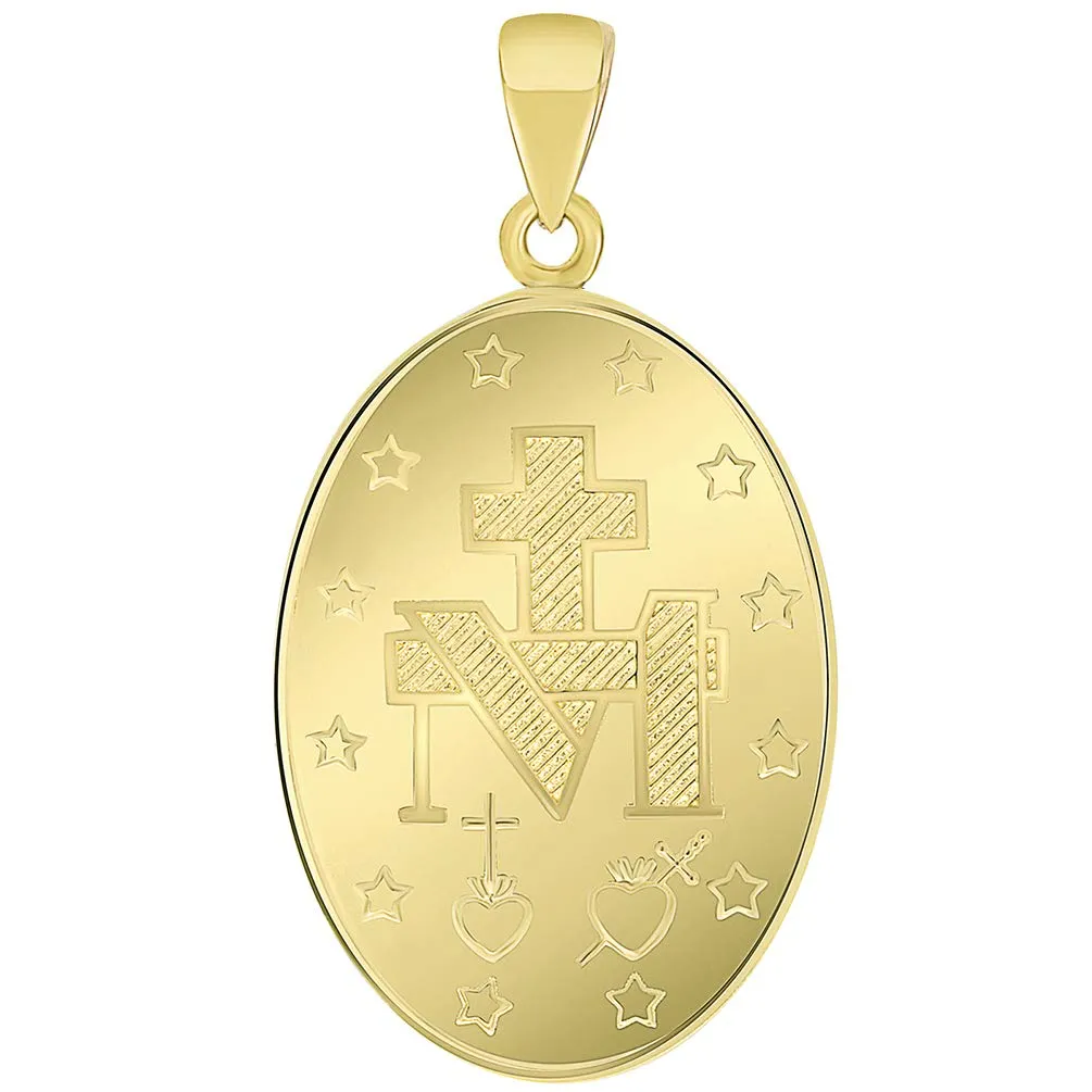 Solid 14k Yellow Gold Small Classic Miraculous Medallion of the Virgin Mary Pendant with Curb Chain Necklace