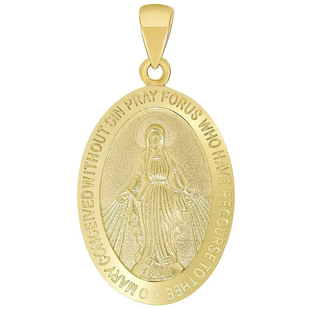 Solid 14k Yellow Gold Small Classic Miraculous Medallion of the Virgin Mary Pendant with Curb Chain Necklace