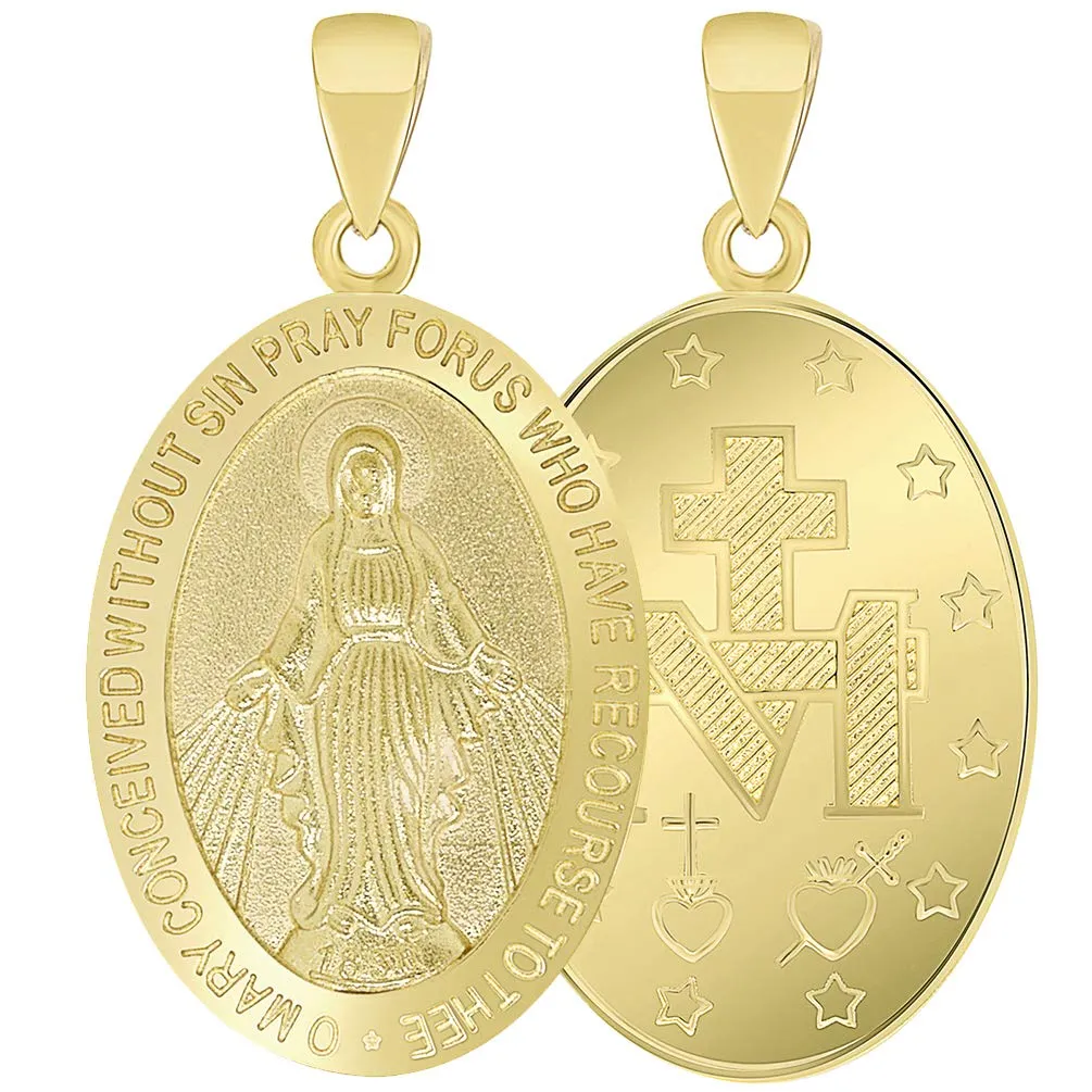 Solid 14k Yellow Gold Small Classic Miraculous Medallion of the Virgin Mary Pendant with Curb Chain Necklace