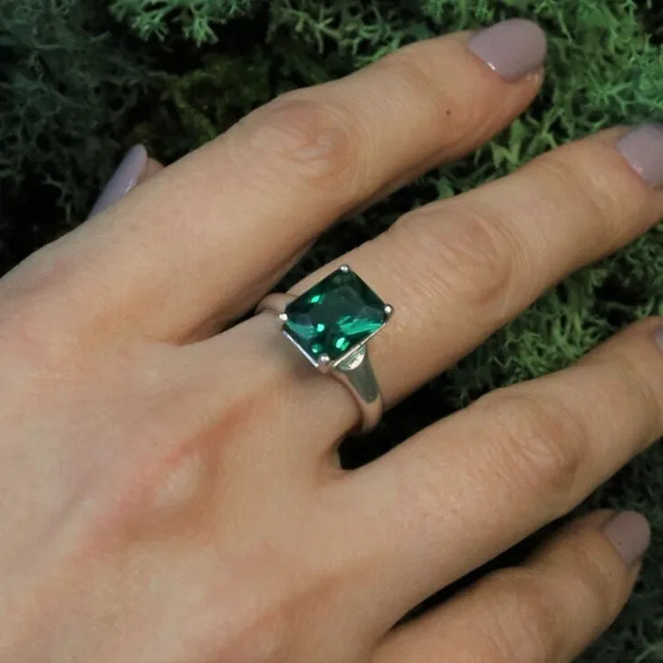 Square Emerald Ring - Green Promise Ring - Vintage Solitaire Ring