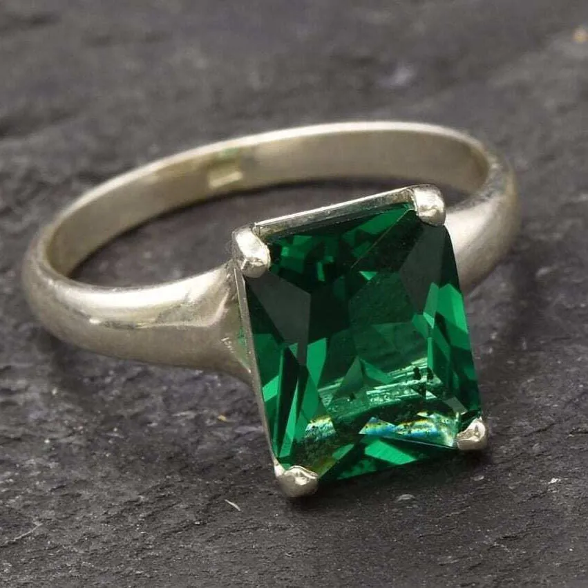 Square Emerald Ring - Green Promise Ring - Vintage Solitaire Ring