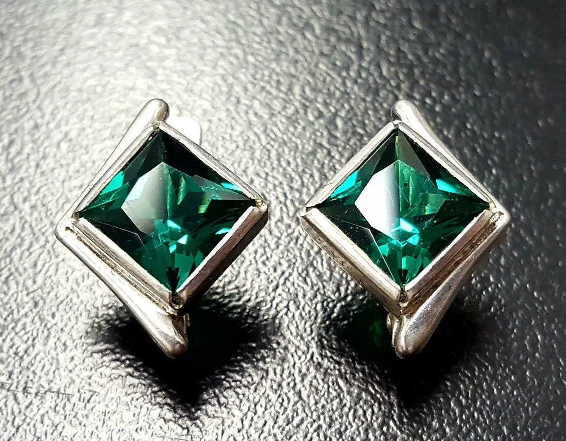 Square Emerald Studs - Green Asymmetric Earrings - Vintage Square Earrings