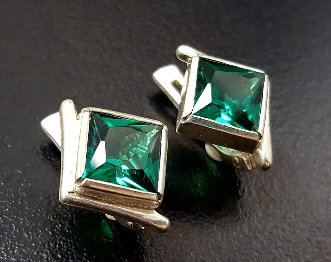 Square Emerald Studs - Green Asymmetric Earrings - Vintage Square Earrings