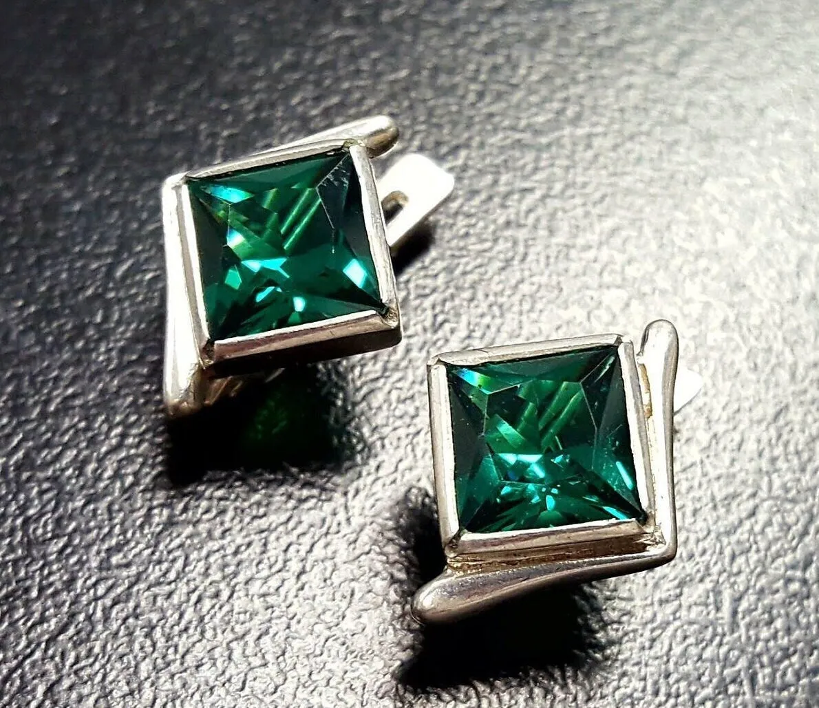 Square Emerald Studs - Green Asymmetric Earrings - Vintage Square Earrings