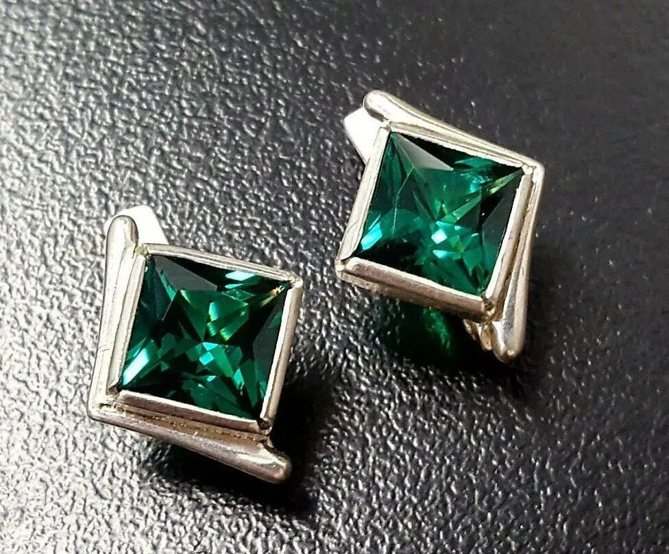 Square Emerald Studs - Green Asymmetric Earrings - Vintage Square Earrings