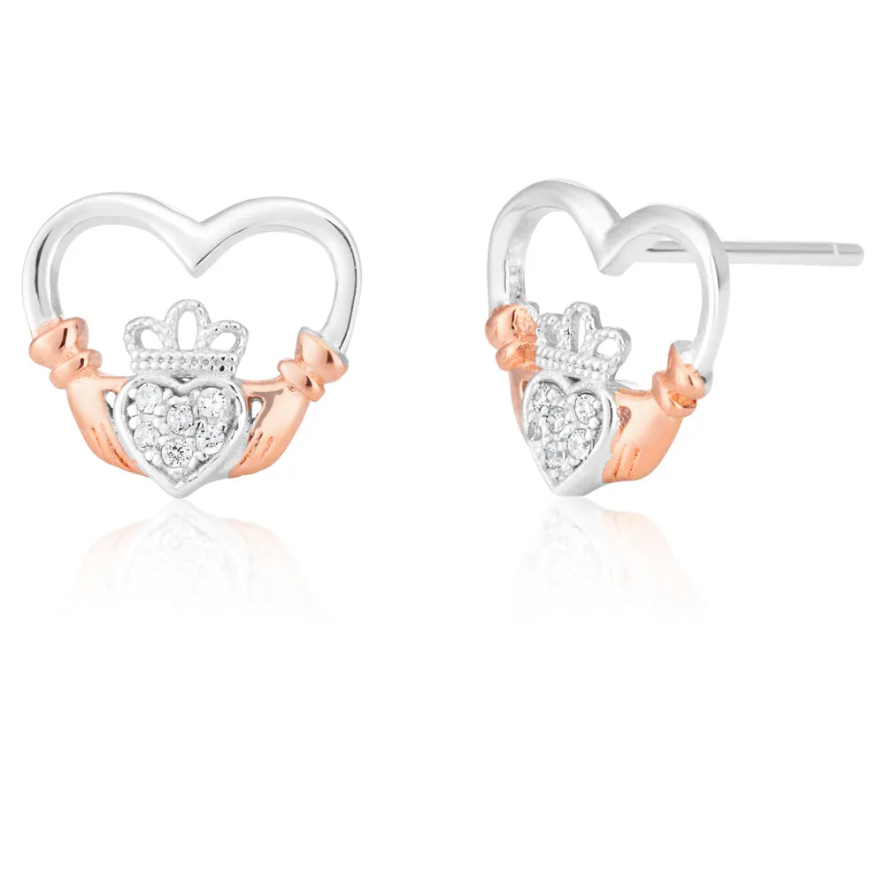 Sterling Silver and Rose Plated Zirconia Claddagh Stud Earrings