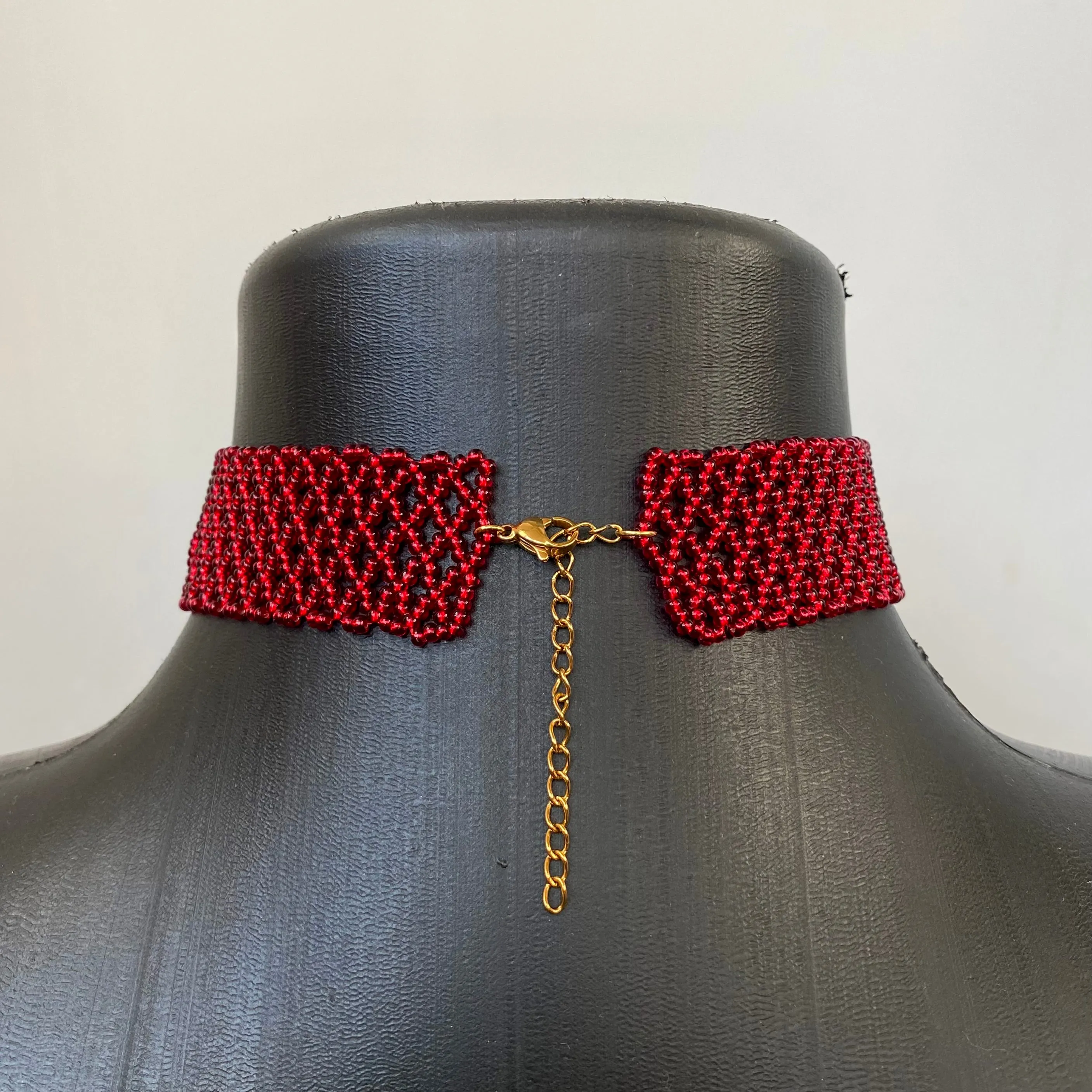 Thick Shiny Red Seed Bead Choker Necklace for Women, Handmade Wide Choker Collar, Unique choker