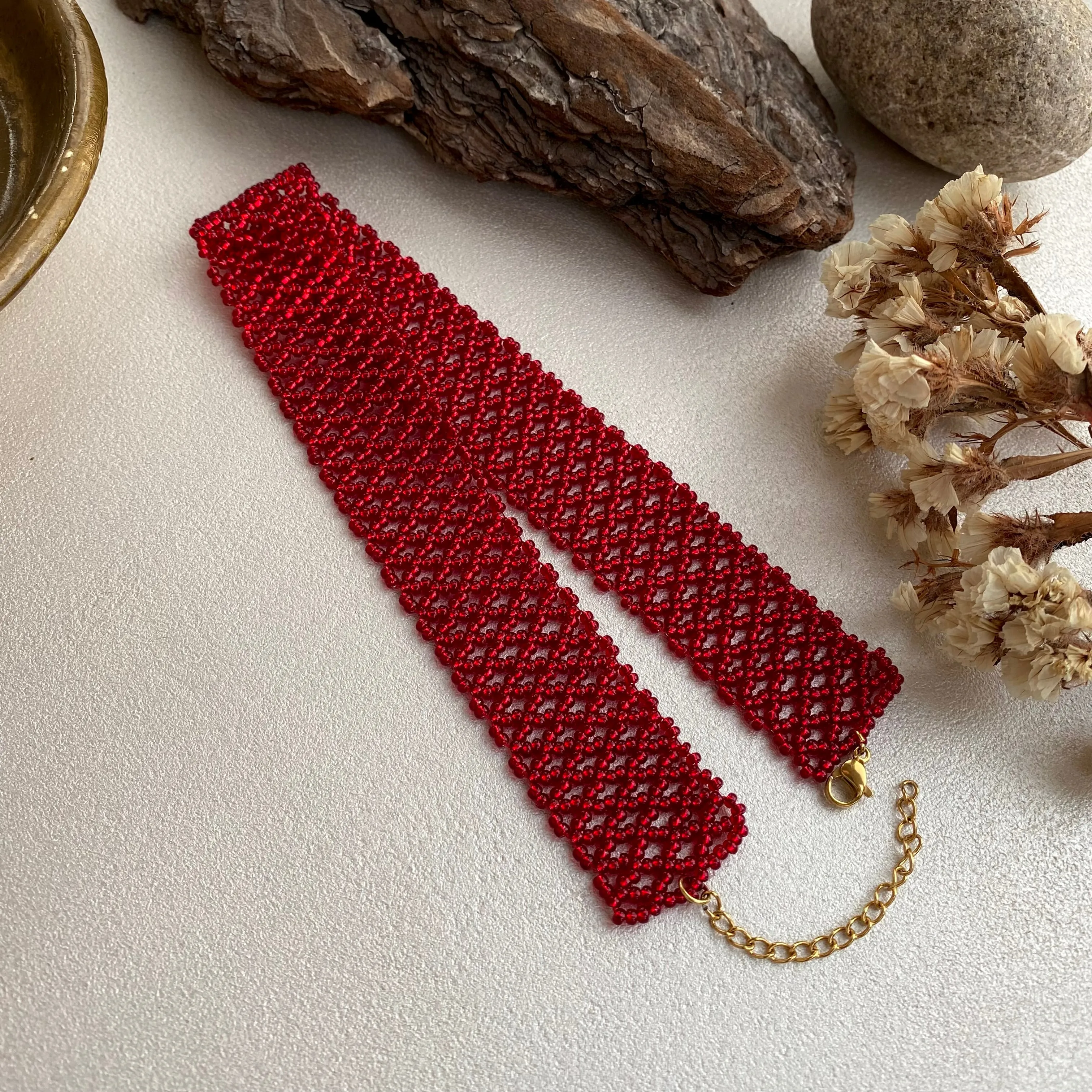 Thick Shiny Red Seed Bead Choker Necklace for Women, Handmade Wide Choker Collar, Unique choker