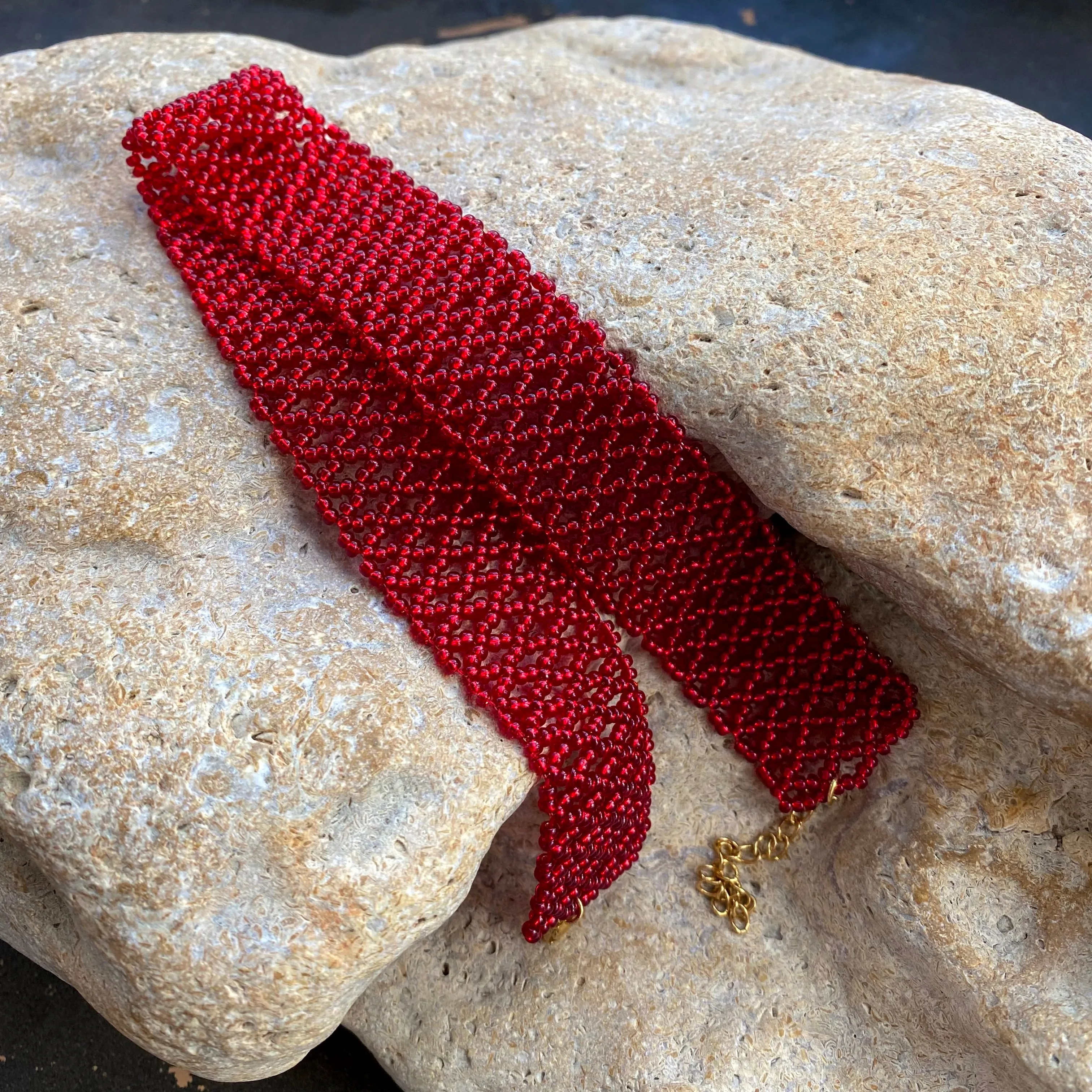 Thick Shiny Red Seed Bead Choker Necklace for Women, Handmade Wide Choker Collar, Unique choker