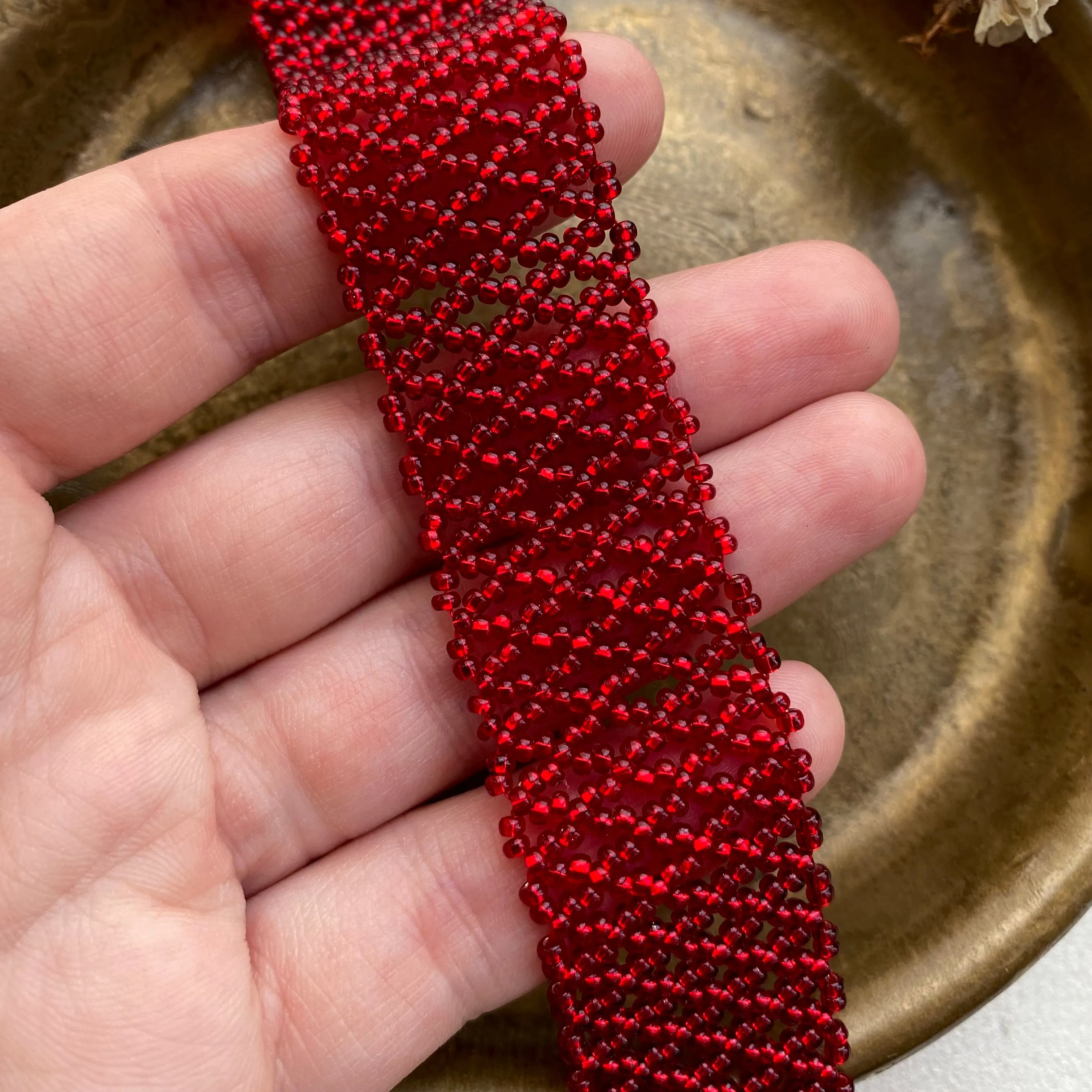 Thick Shiny Red Seed Bead Choker Necklace for Women, Handmade Wide Choker Collar, Unique choker