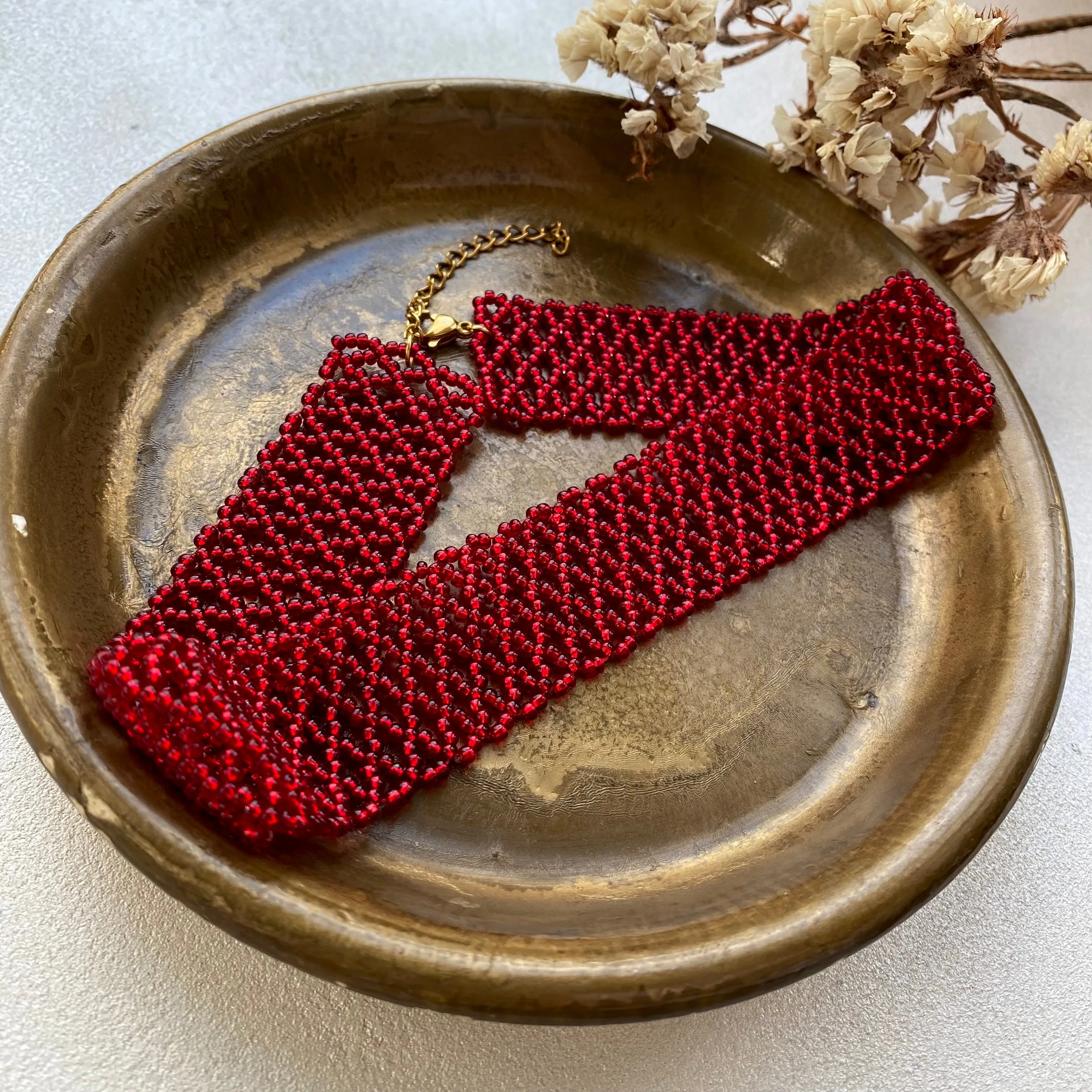 Thick Shiny Red Seed Bead Choker Necklace for Women, Handmade Wide Choker Collar, Unique choker