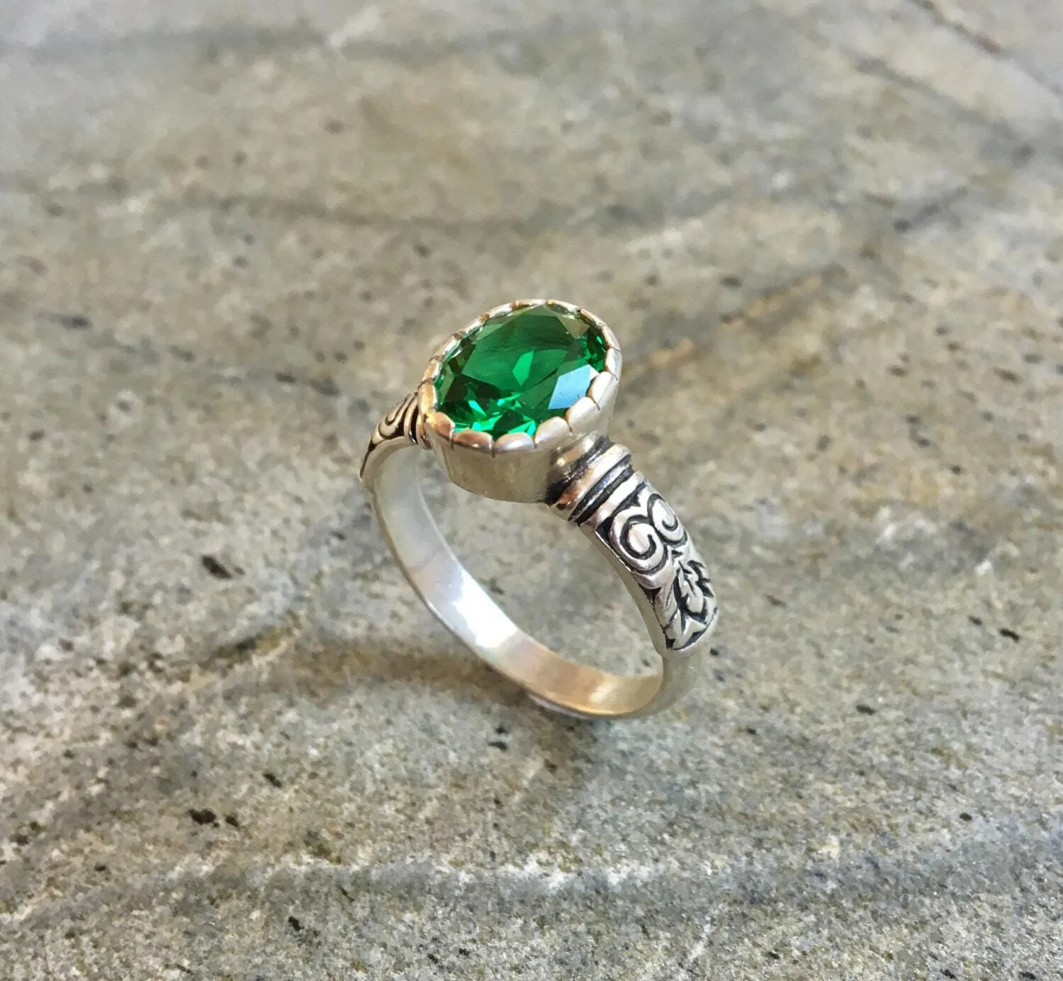 Tribal Emerald Ring - Green Solitaire Ring, Green Vintage Ring