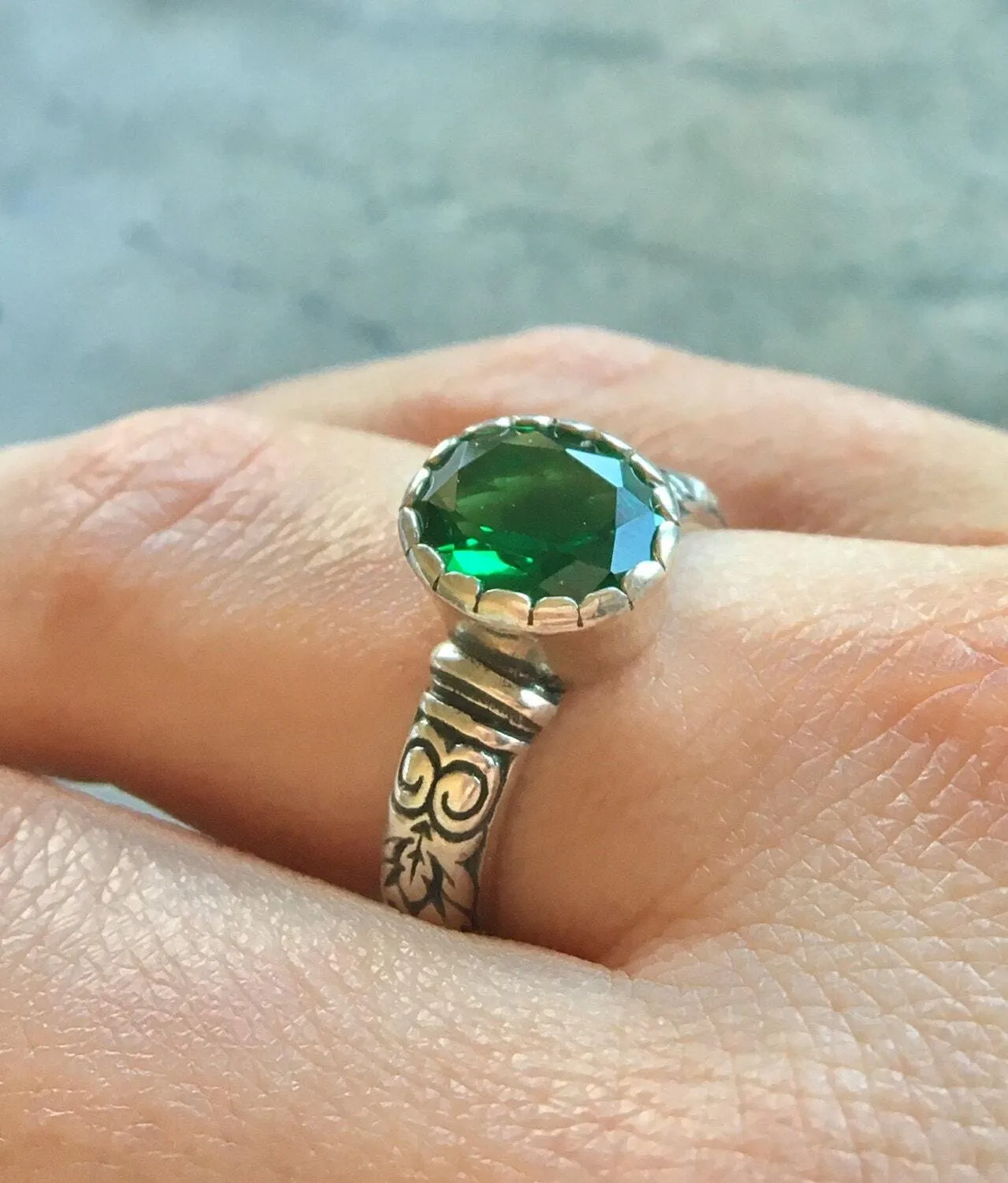 Tribal Emerald Ring - Green Solitaire Ring, Green Vintage Ring